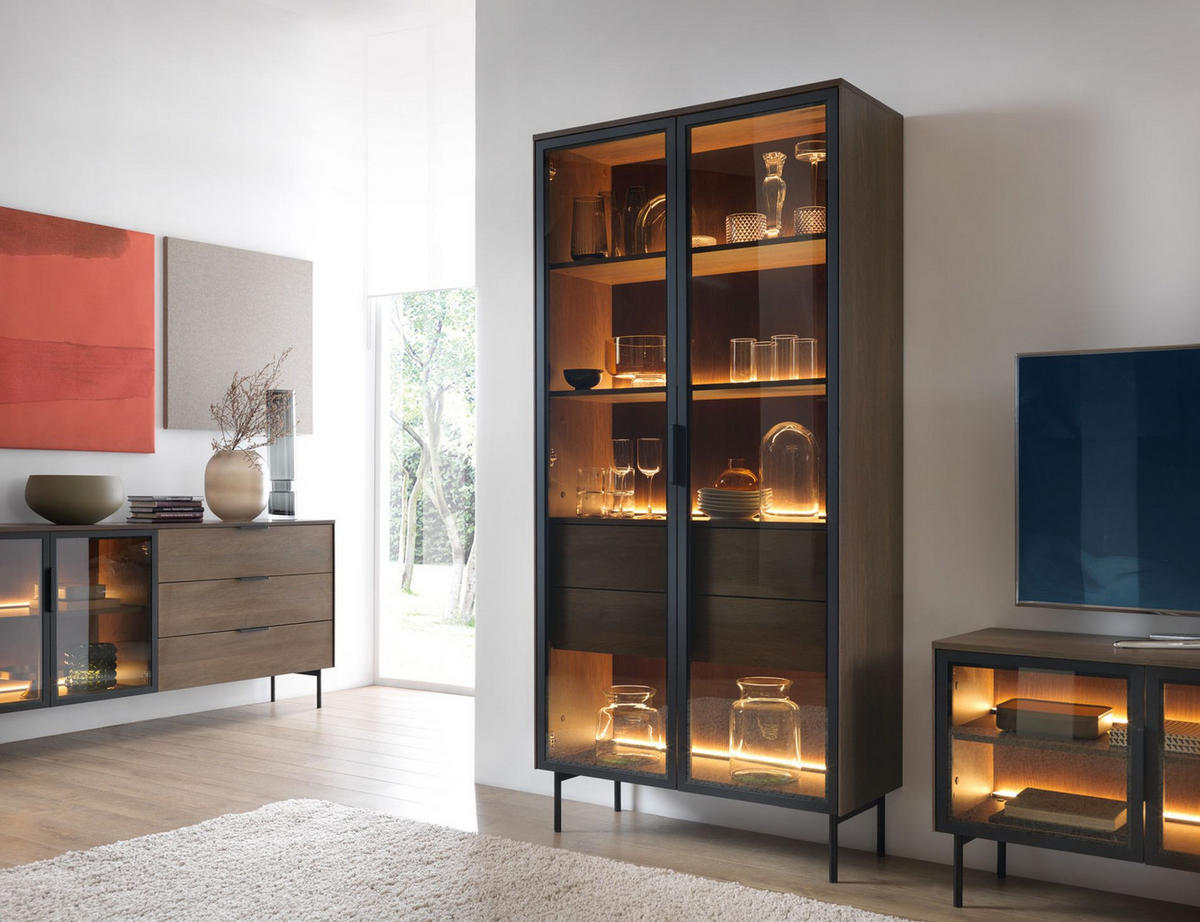 VITRINE Lumi mit LED Eiche Dunin 91 cm - Dunkelbraun/Schwarz, Holzwerkstoff/Metall (91.5/194.6/39.3cm) - Selsey