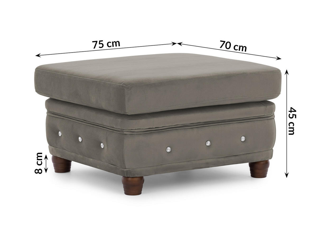 HOCKER Chesterfield Cleo Blink Grau Samt mit Kristallsteppung und braunen Massivholzfüßen - Braun/Grau, Holz/Textil (75/45/70cm) - S-Style Möbel