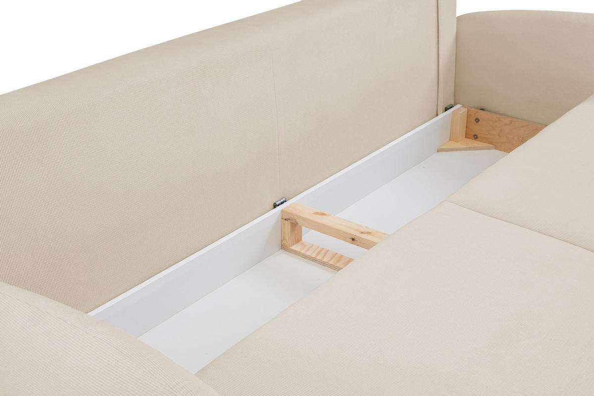 SOFA SOFT RunAgin Mit Schlaffunktion Und Bettkasten, PUR-Schaum, Schwarze Kunststofffüße, lose Rückenkissen, freistehend, 232x109x95 cm Beige - Beige, Holz/Textil (232/95/109cm) - DomoHome