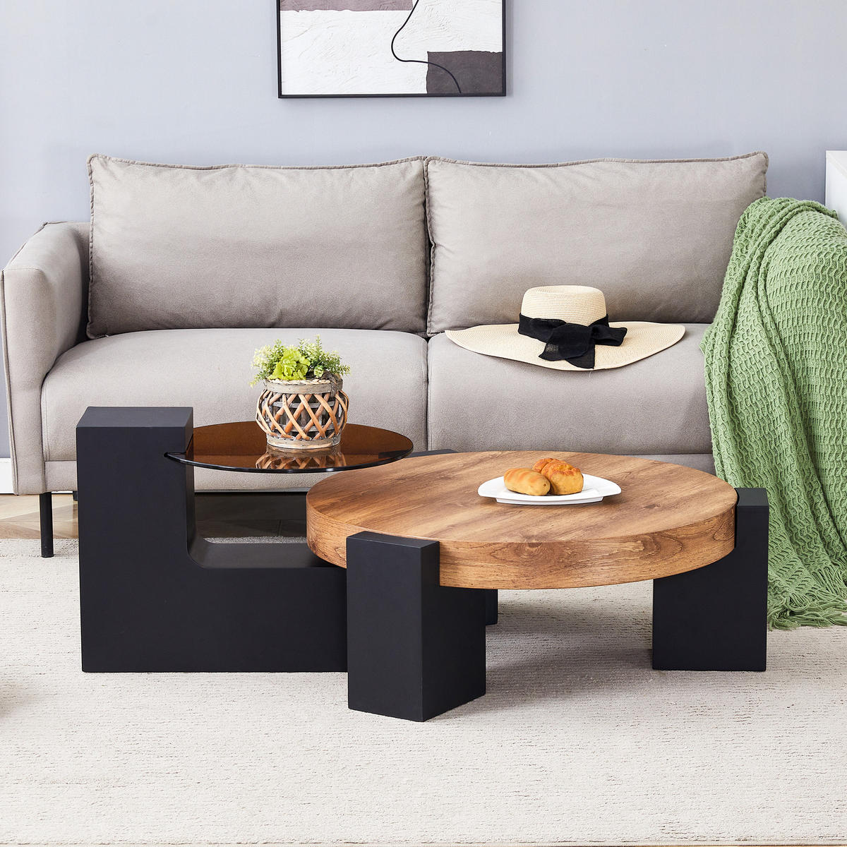 COUCHTISCH-SET rund 61/61/30 cm Schwarz Holzoptik mit Glasplatte und Ablage - Schwarz, Holzwerkstoff (61/61/30cm) - OKWISH