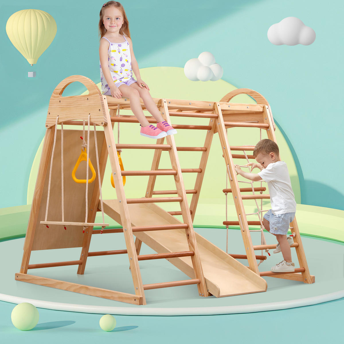 KLETTERGERÜST 7in1 Kinder Holz Rutsche Schaukel - Naturfarben, Holz (134/120cm) - Fortuna Lai