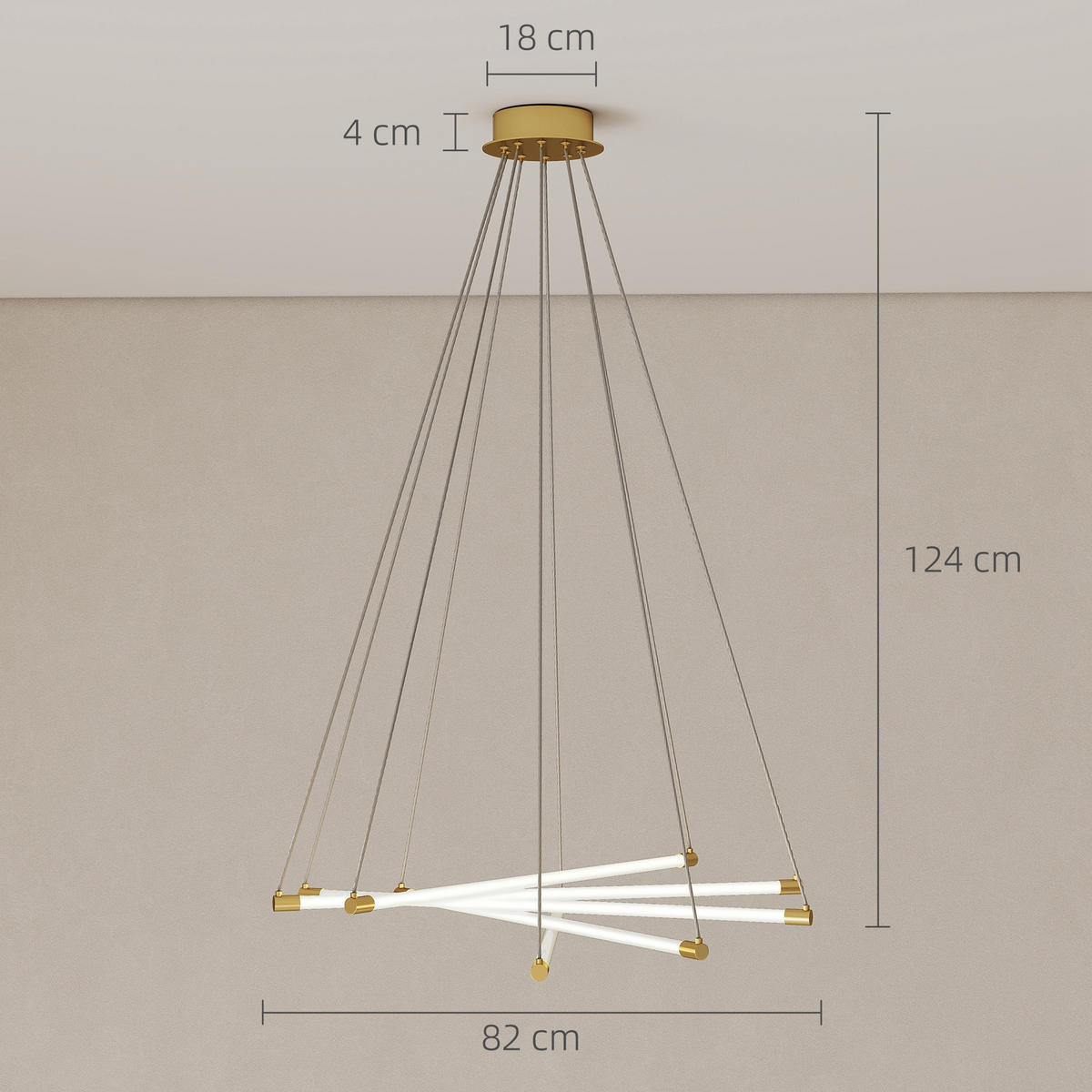 LED-DECKENLAMPE, 50W, 5 anpassbare Lichtrohre, anpassbar, Gold+Weiß - Multicolor, Metall (82/82/124cm) - HOMCOM