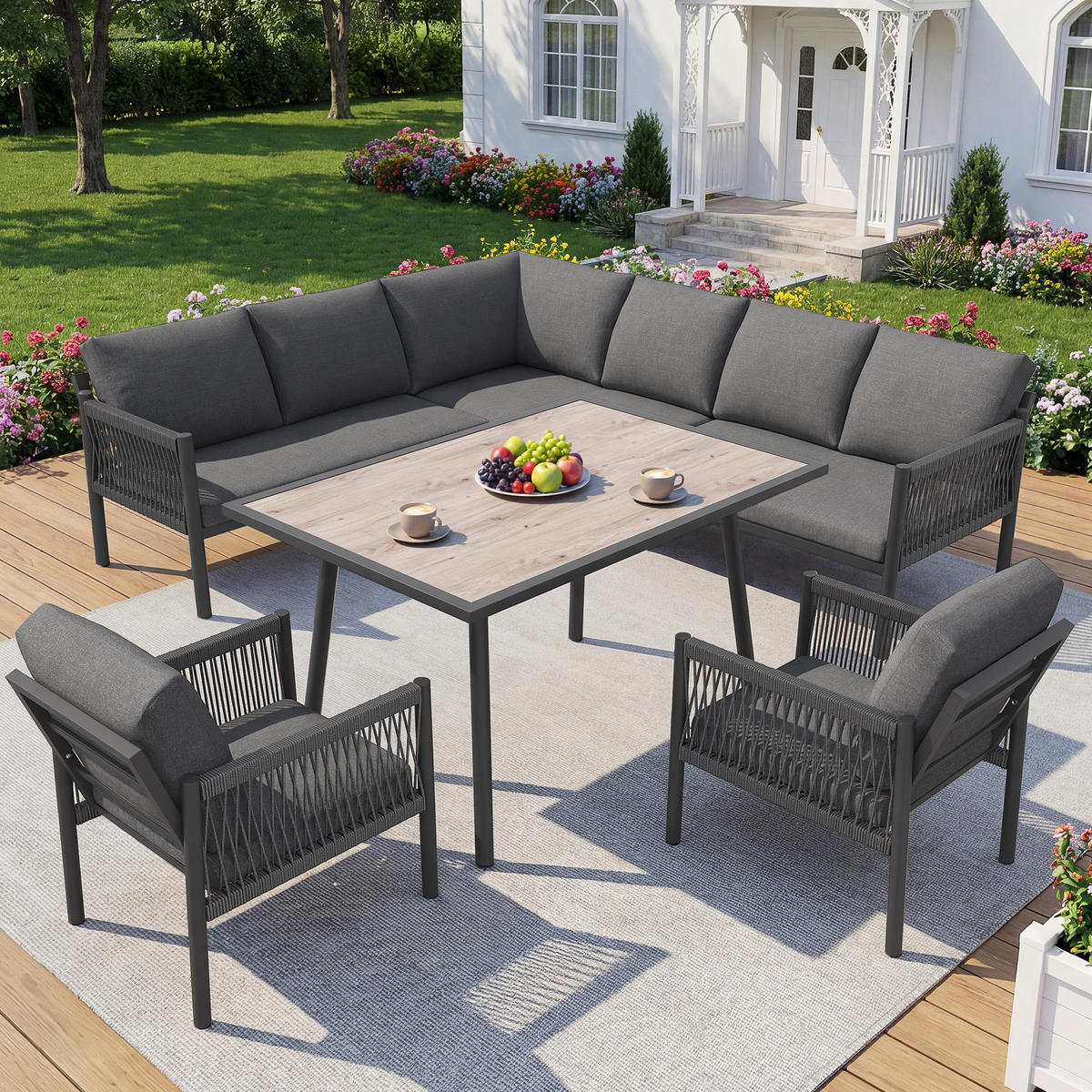 GARTENLOUNGE-SET L-förmiges Gartensofa für 7-8 Personen Outdoor Sofa mit Tisch Grau - Grau, Glas/Textil - STILVORA