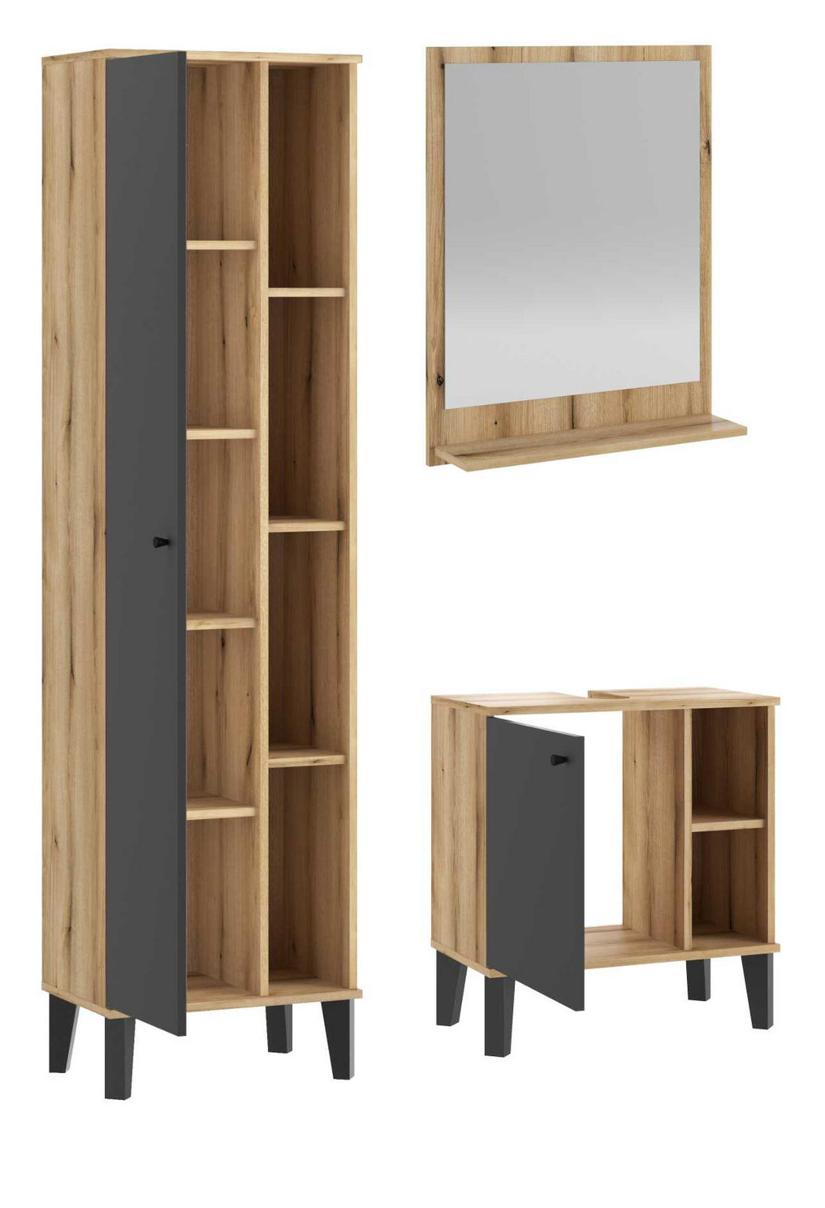 BADMÖBEL-SET 3-teilig grau, Evoke Eiche, Badkombination, 121 x 190 cm - Eichefarben/Grau, Glas/Holzwerkstoff (121/190/33cm) - Furn.Design