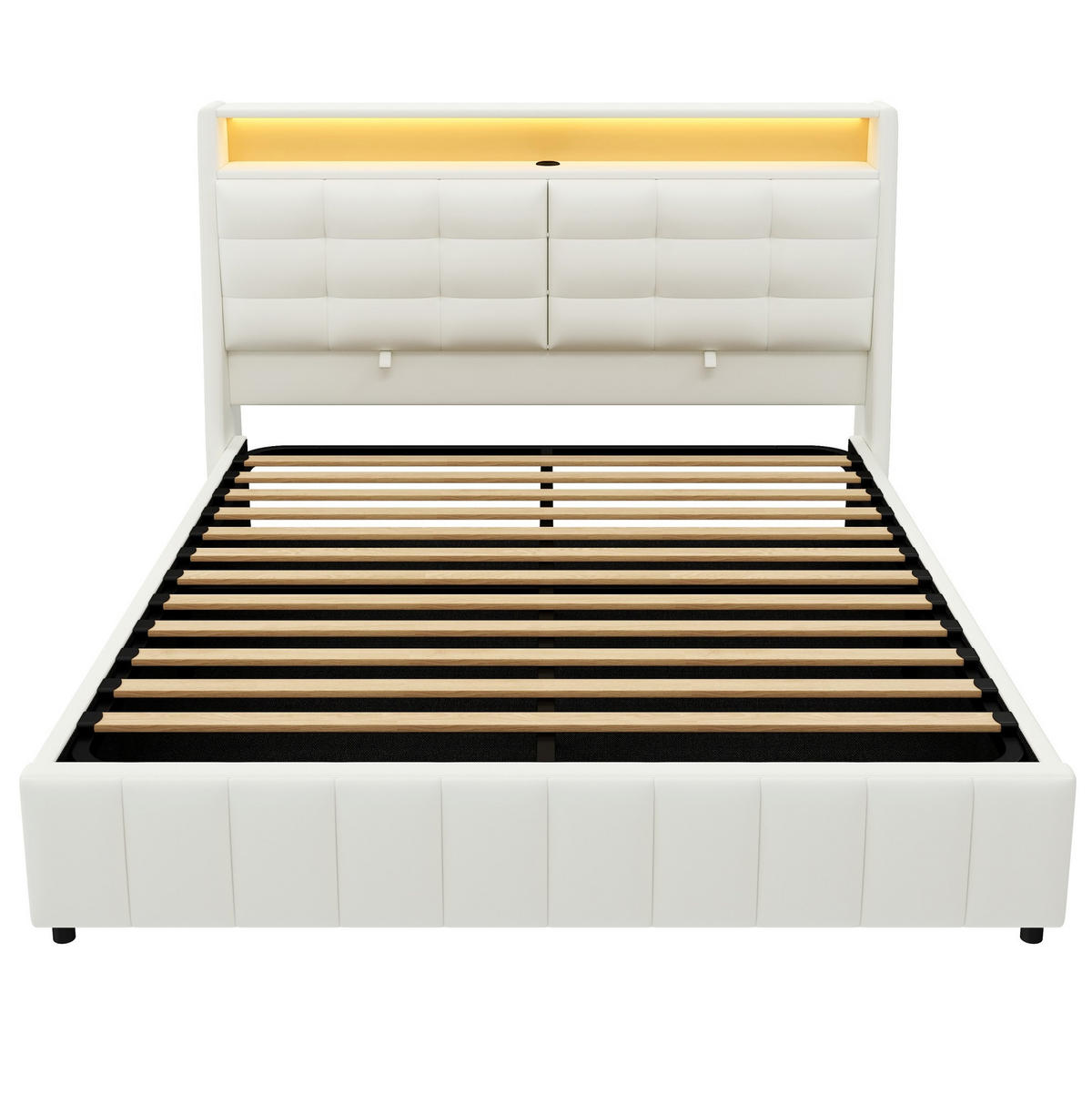 POLSTERBETT aus MDF, Sperrholz und PU 160x200 cm Weiß mit Stauraum, LED-Beleuchtung und USB-Anschluss - Weiß, Textil (160/200cm) - IVMEU