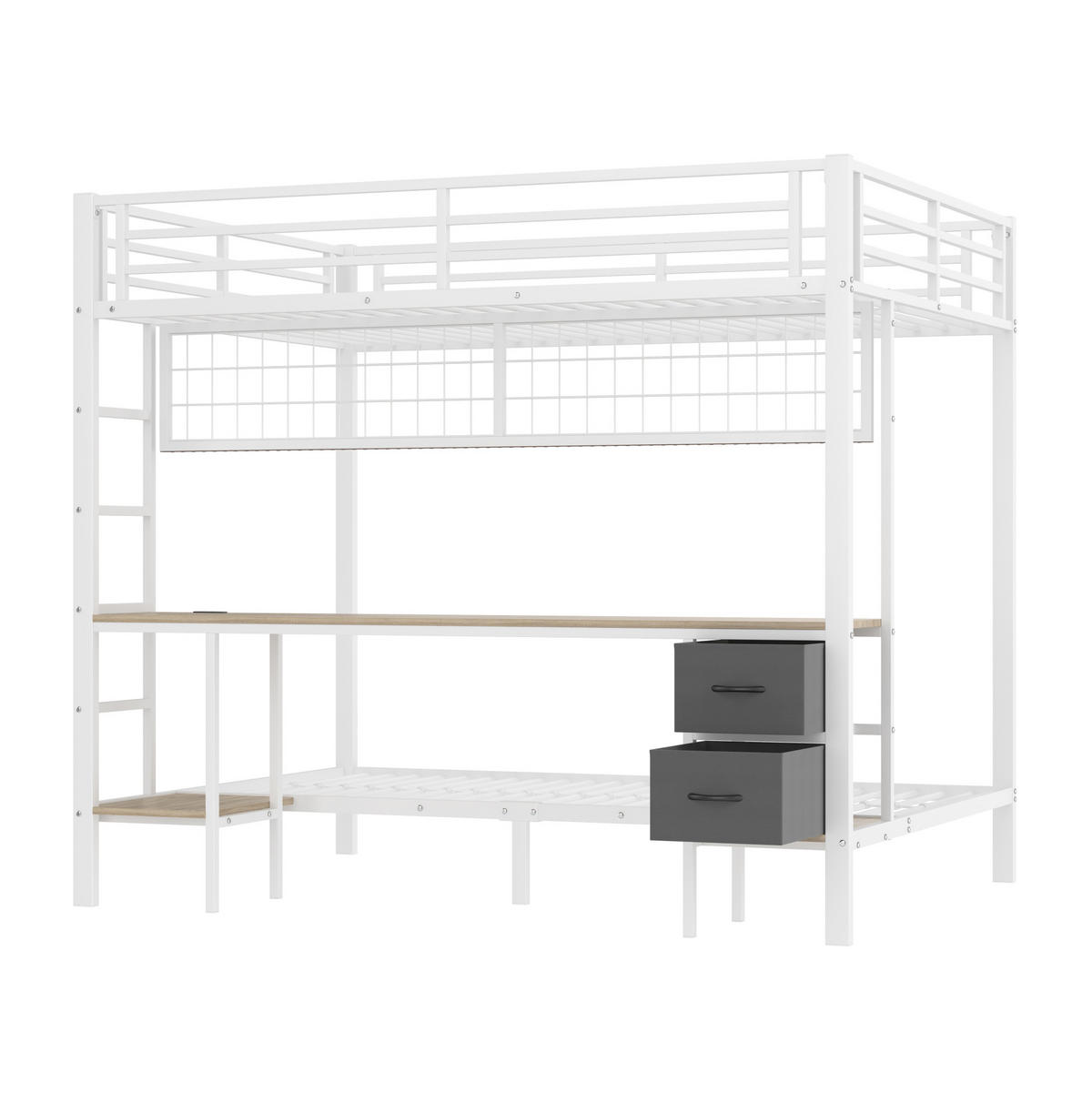 HOCHBETT mit Schreibtisch 140/200 cm in Weiß – mit Stauraum und LED-Leiste - Weiß, Metall (140/200cm) - BEAOK