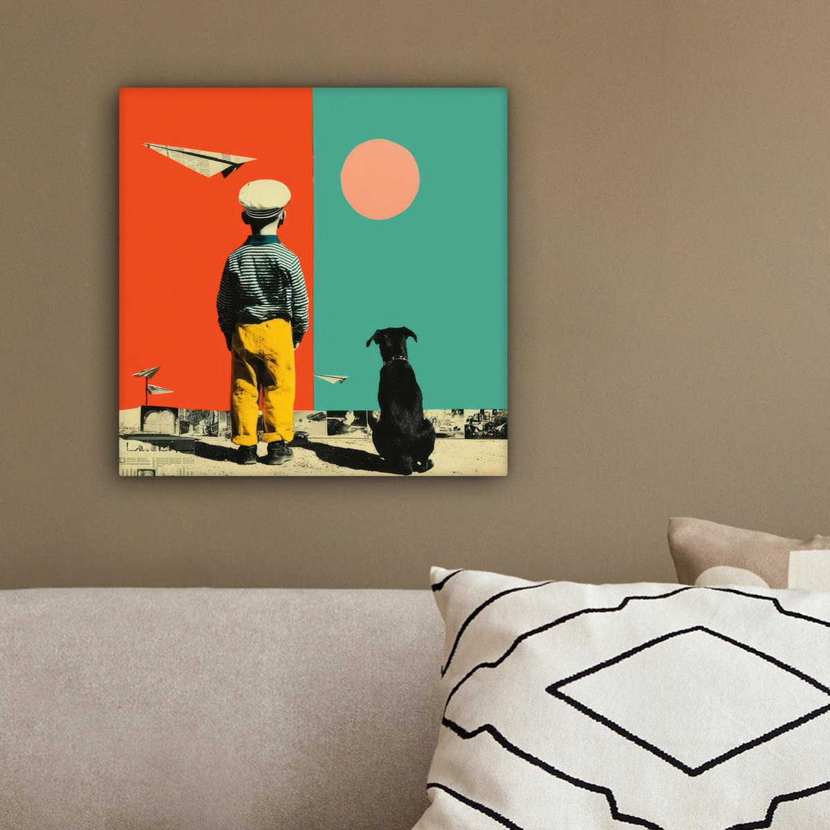 LEINWANDBILD Retro - Junge - Hund - Rot - Grün Deko Wohnzimmer 20x20 cm - Orange, Textil (20/20cm) - MuchoWow