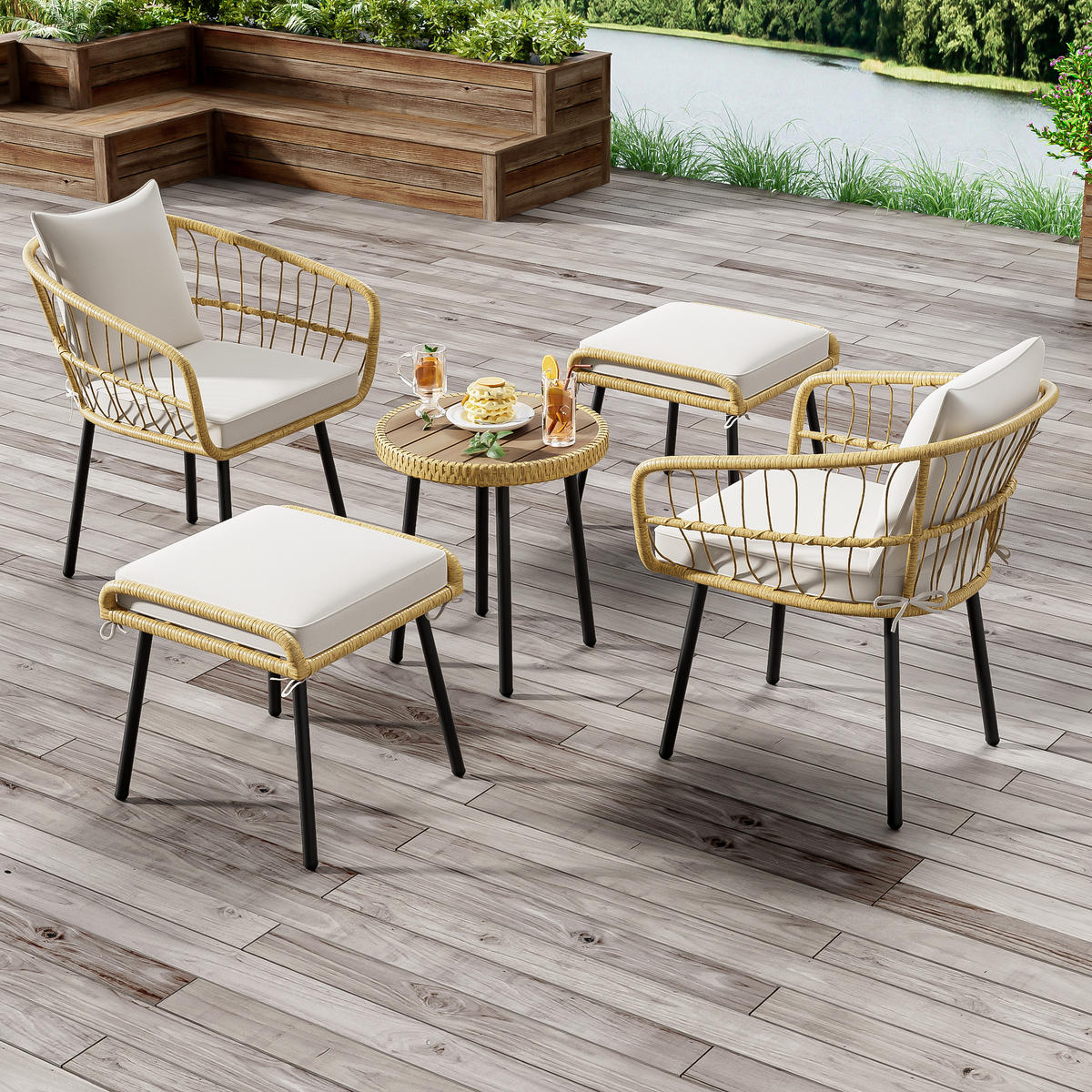 GARTENSET 5 tlg Rattan Natur - Weiß, Naturmaterialien - LEBENLANG