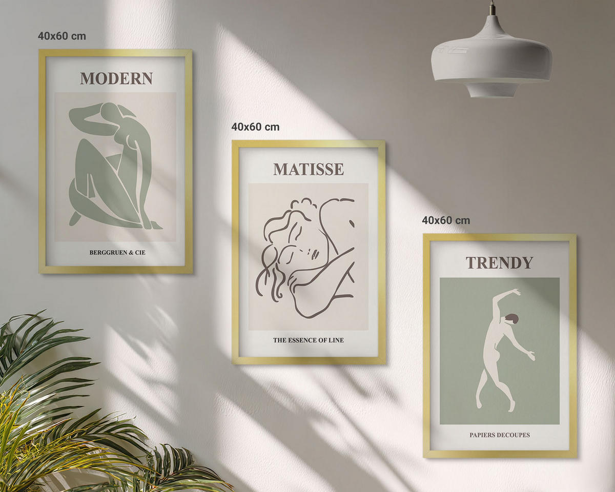 WANDBILDER 3er Set - 40x60 cm Goldrahmen - Stilvolle minimalistische Charaktere - Goldfarben, Kunststoff (40/60cm) - ArtPrintCave