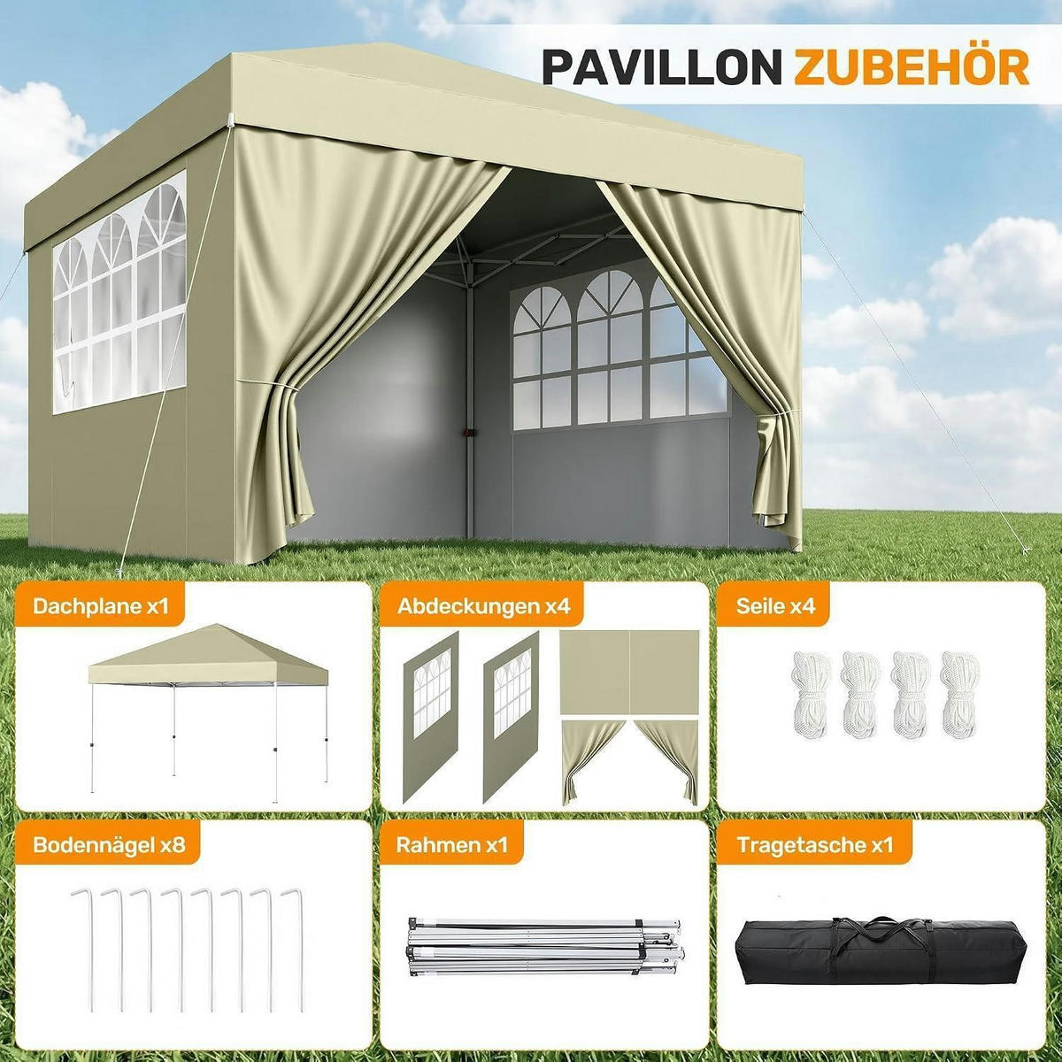 GARTENPAVILLON 3x3m Wasserdicht UV-Schutz 50+ Beige mit 4 Seitenteilen - Beige, Textil (300/265/300cm)