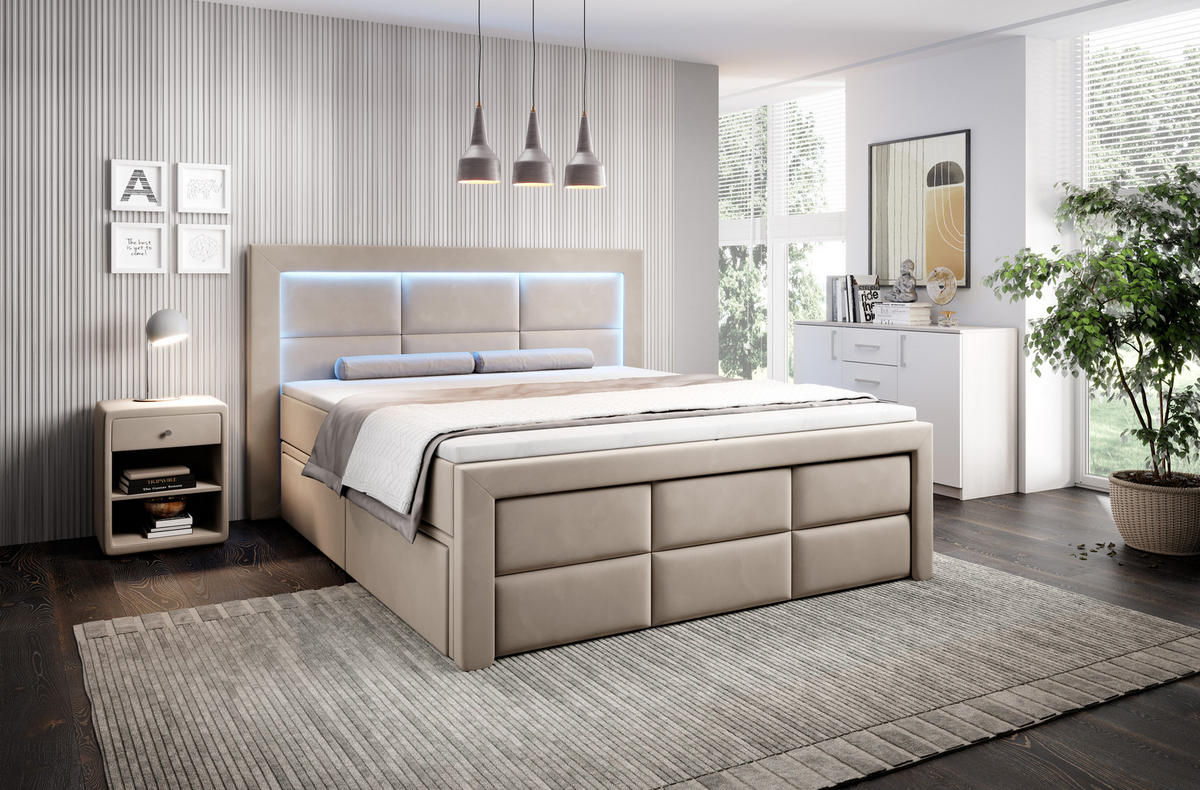 BOXSPRINGBETT Aspen mit Schubladen und Topper, LED-Beleuchtung, Samt, 180x200 cm, Beige - Beige, Holz - PROMETO Möbel