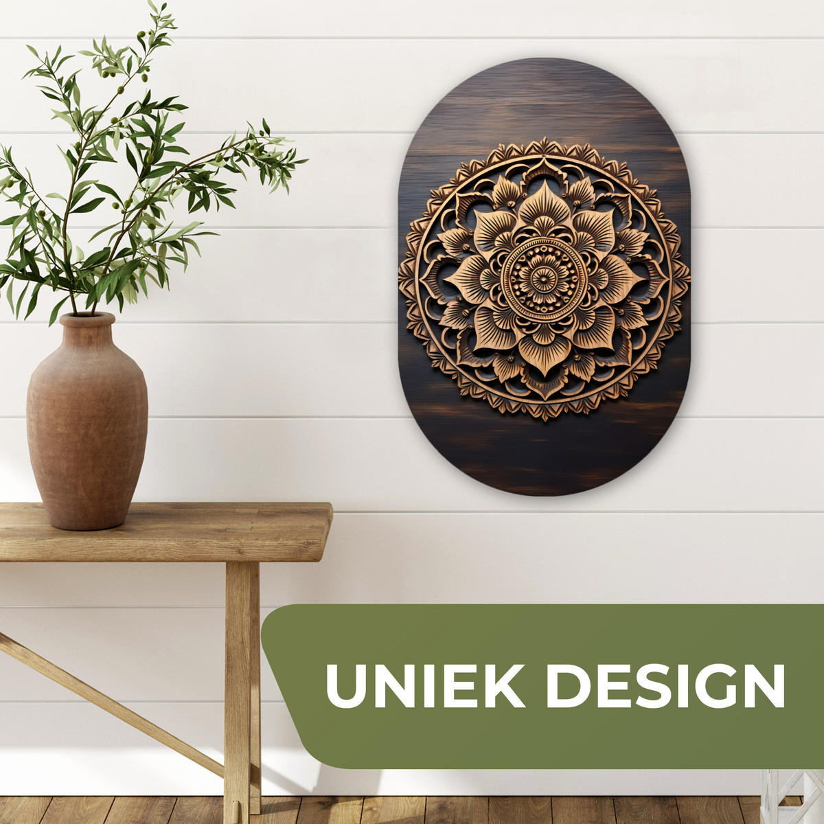 WANDBILD Mandala - Holz - Blumen - Braun Deko Wohnzimmer 40x60 cm - Gelb, Kunststoff (40/60cm) - MuchoWow