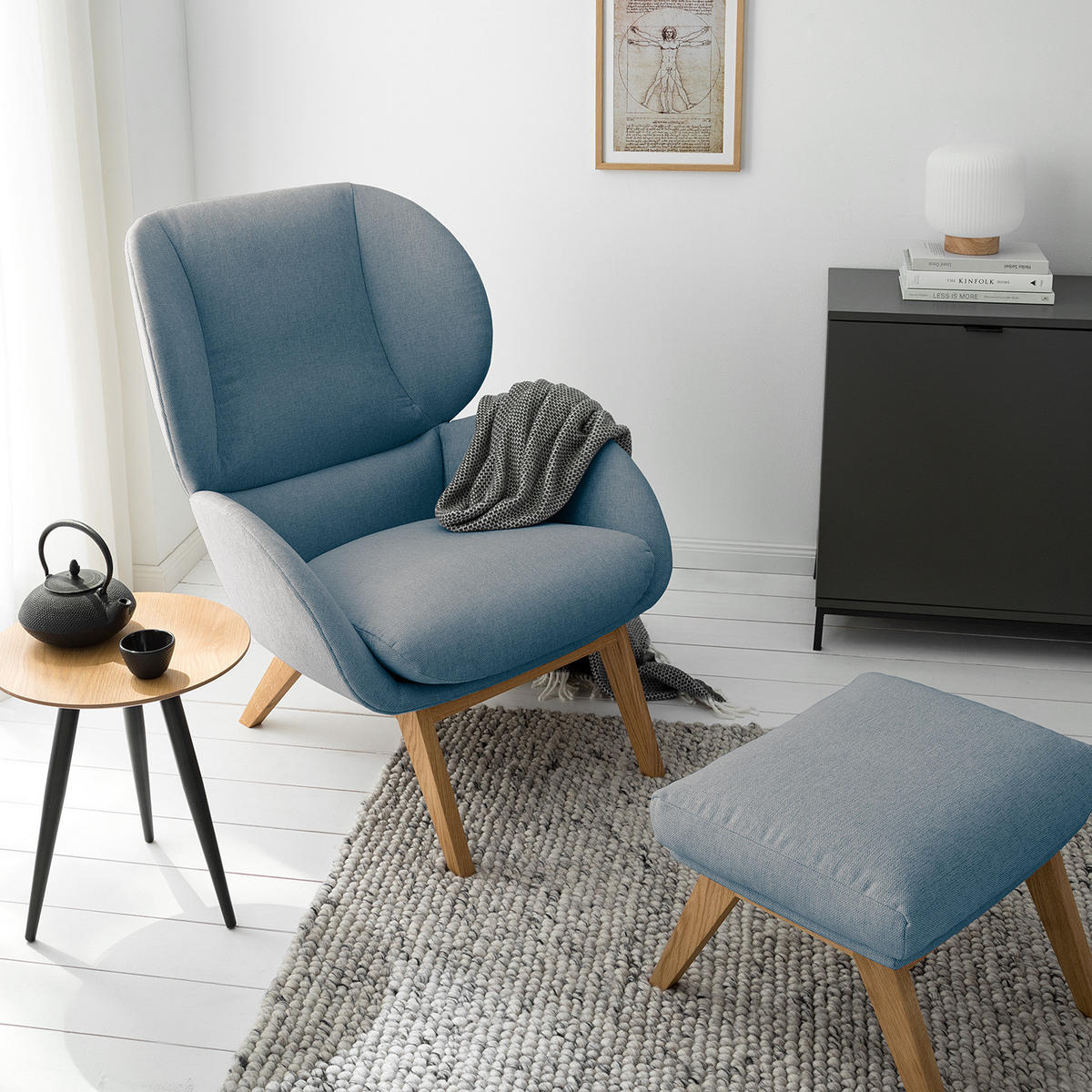 SESSEL - Blau/Eichefarben, Eichenholz/Textil (82/102/90cm) - home24