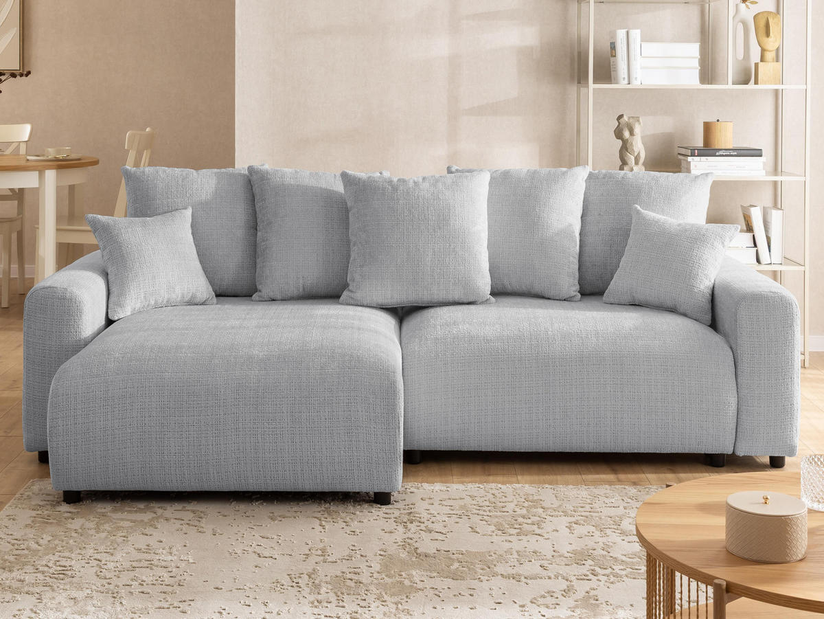 ECKSOFA Calma mit Schlaffunktion und Bettkasten im Bumpy-Design aus weichem Hellgrau Chenille-Stoff - Ottomane links - Beige/Hellgrau, Holz/Kunststoff (140/239cm) - S-Style Möbel