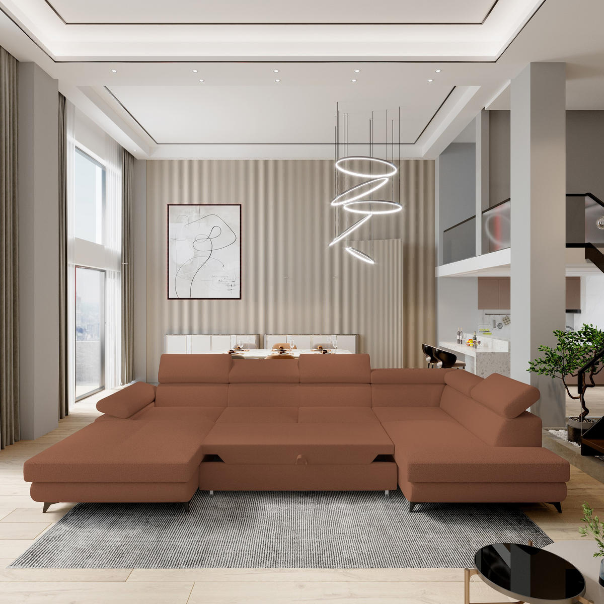 WOHNLANDSCHAFT RUBANO R-S Kupferfarben Boucle-Stoff mit Schlaffunktion - Kupferfarben, Holz (339/89/190cm) - MASSENO