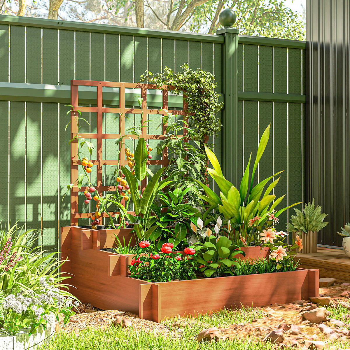 HOCHBEET mit Rankhilfe, 3-stufig Blumenkasten mit Vliesstoff, Gemüsebeet - Braun, Holz (95/110/95cm) - Outsunny