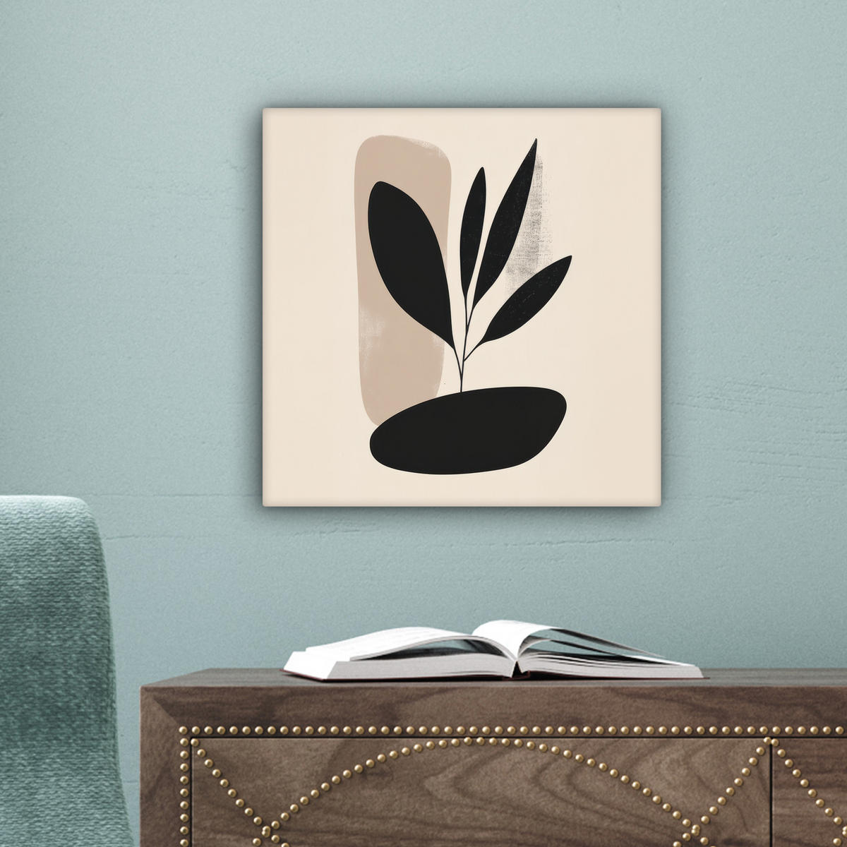 LEINWANDBILD Pflanze - Beige - Japanisch 20x20 cm - Schwarz, Textil (20/20cm) - MuchoWow