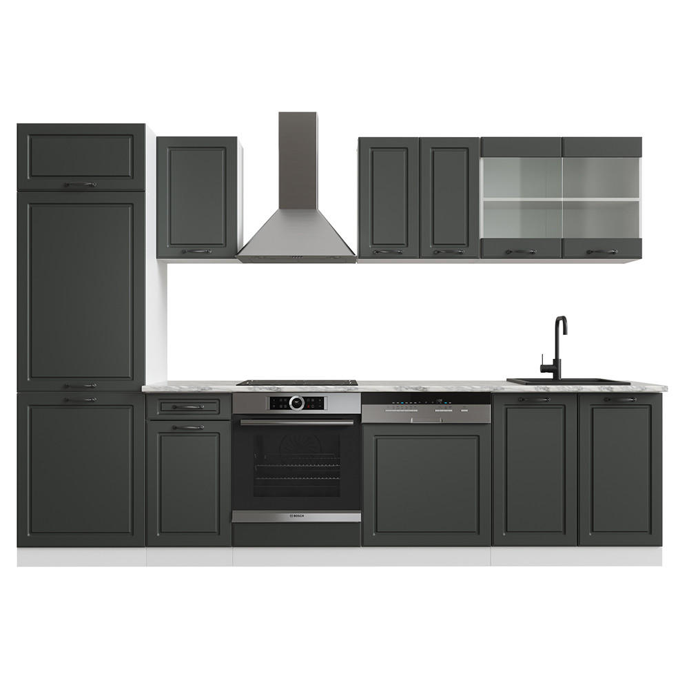 KÜCHE R-Line Anthrazit Landhaus/Weiß 300 cm, AP Marmor - Dunkelgrau/Weiß, Holzwerkstoff (300/81.6/60cm) - Vicco