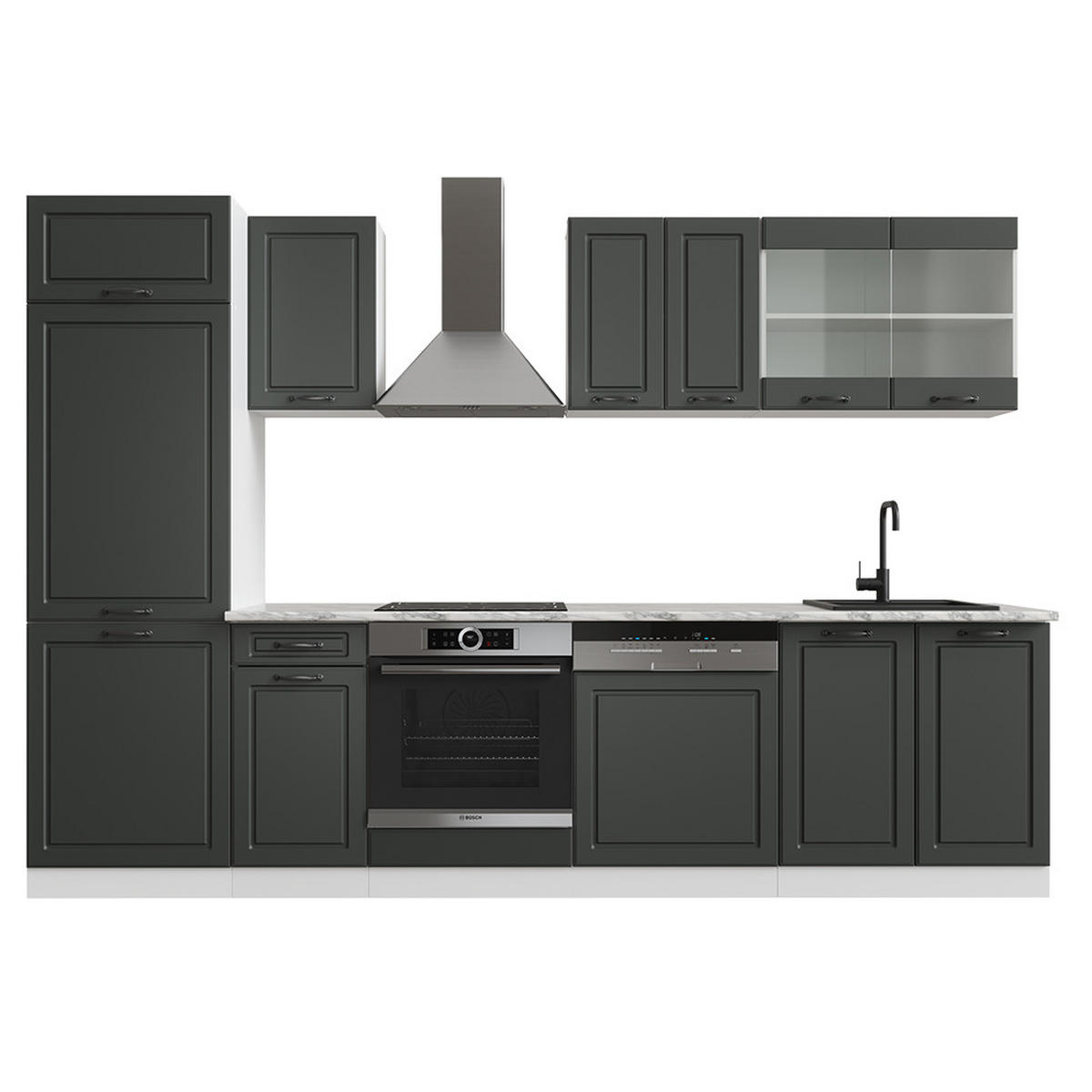 KÜCHENZEILE R-Line Anthrazit Landhaus/Weiß 300 cm ohne AP - Anthrazit/Weiß, Holzwerkstoff (300/81.6/46cm) - Vicco