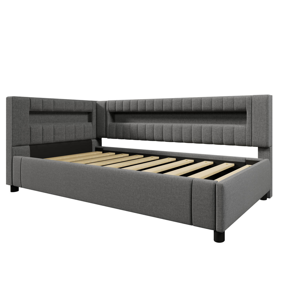 KINDERBETT aus Leinen 90x200 cm in Grau mit LED-Beleuchtung & USB-C - Grau, Textil (90/200cm) - Modfu