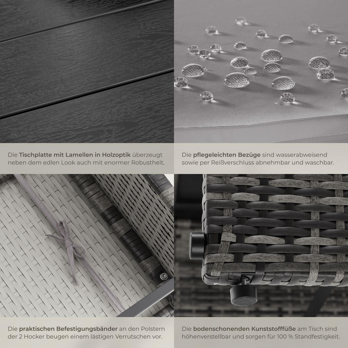 2-IN-1-RATTANLOUNGE-SET Monopoli, höhenverstellbare Tischfüße, grau - Grau, Kunststoff - tectake