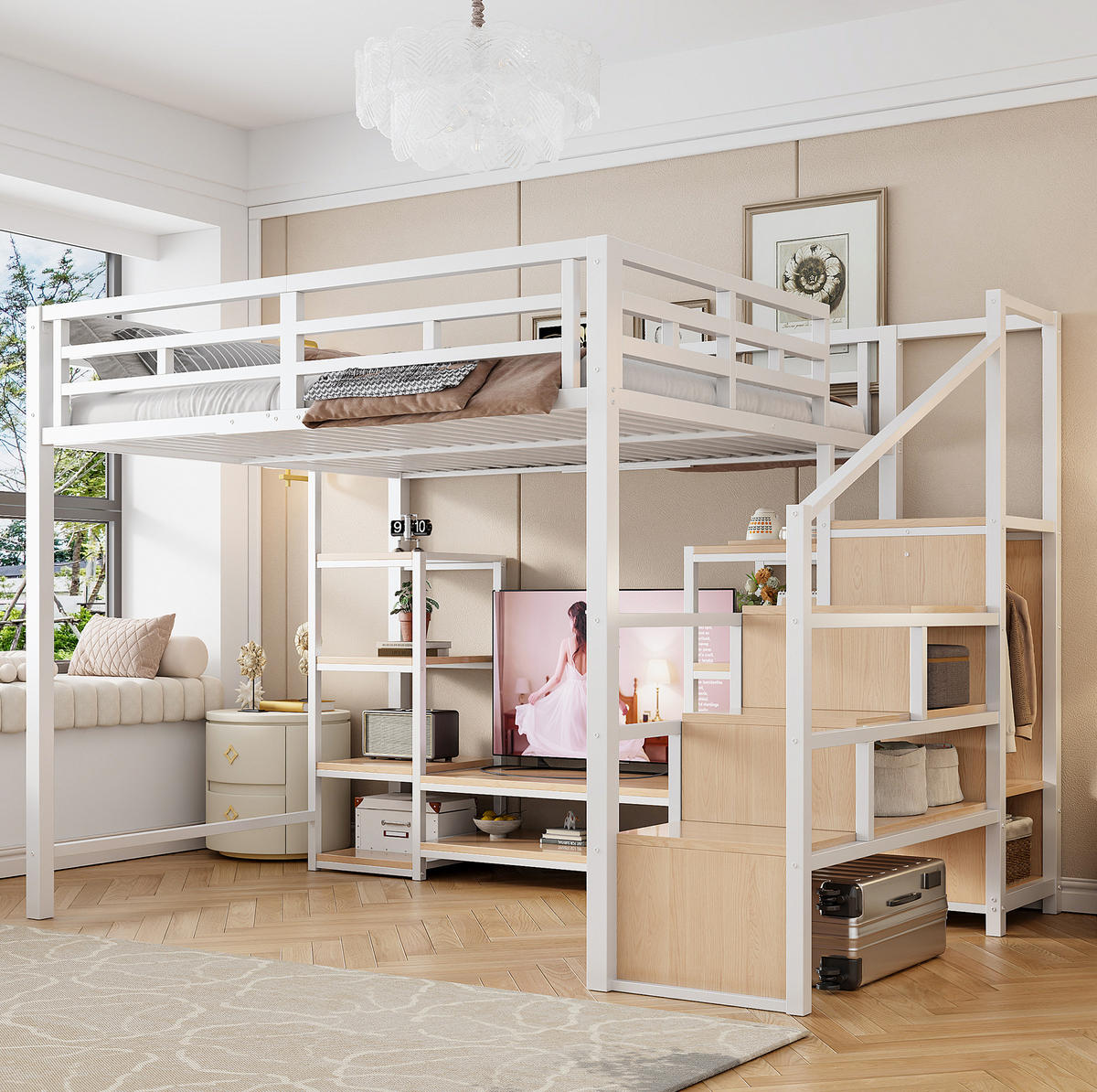 HOCHBETT 140/200 cm, Weiß mit TV-Ständer, Steckdose und Sicherheitsleiter - Weiß, Metall (140/200cm) - MIVRAY