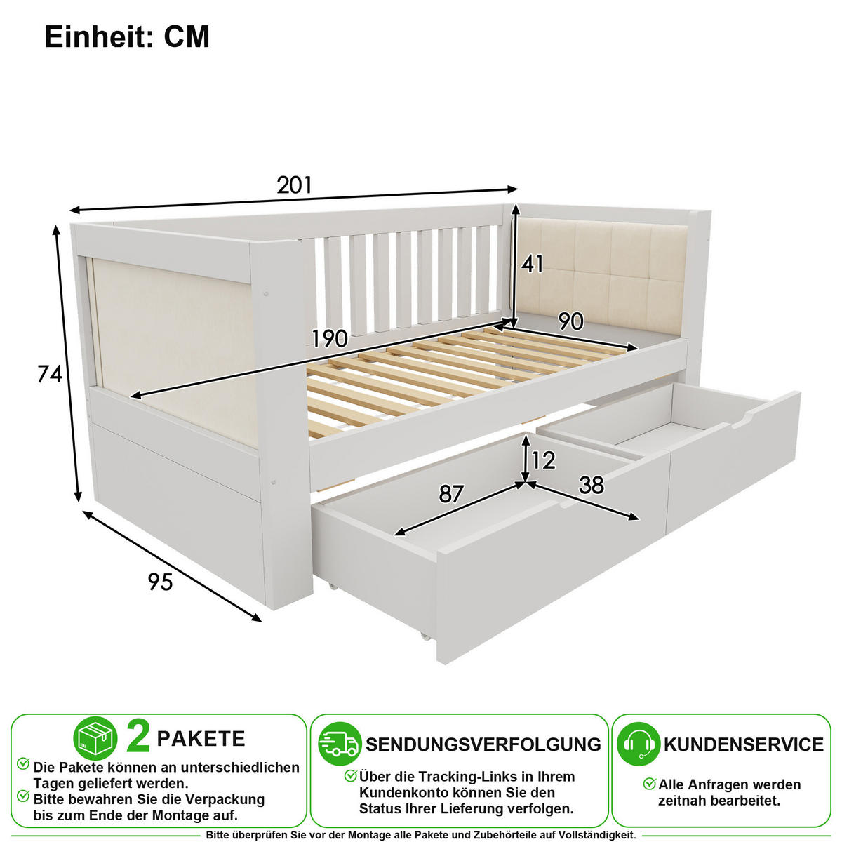 BETT 90/190 cm in Weiß mit 2 Schubladen und Rückenlehne, Armlehnen in Samt - Weiß, Holz/Holzwerkstoff (90/190cm) - CHICFURN