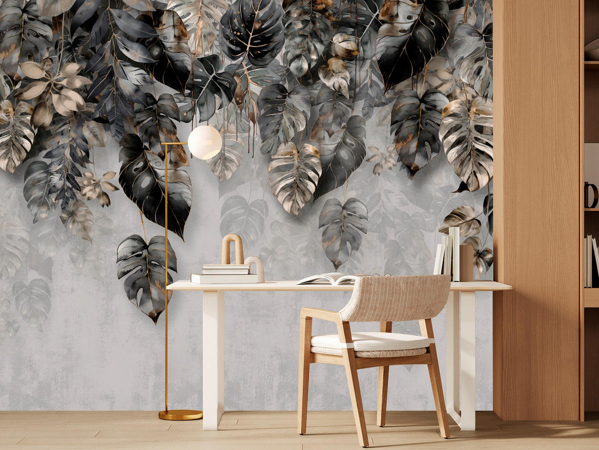 FOTOTAPETE für Wohnzimme Tropenblätter Beton Monstera 300x210 - Gelb/Schwarz, Papier (300/210cm) - Muralo