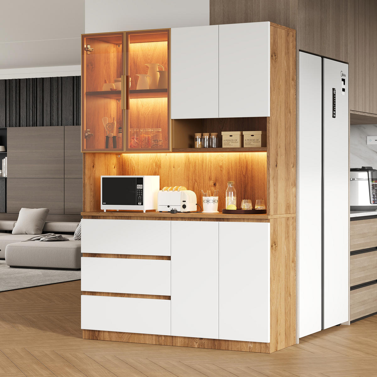 BUFFET SCHRANK LED 6 Türen 3 Schubladen 180cm Weiß - Weiß, Glas (120.5/180/40cm) - FLIEKS
