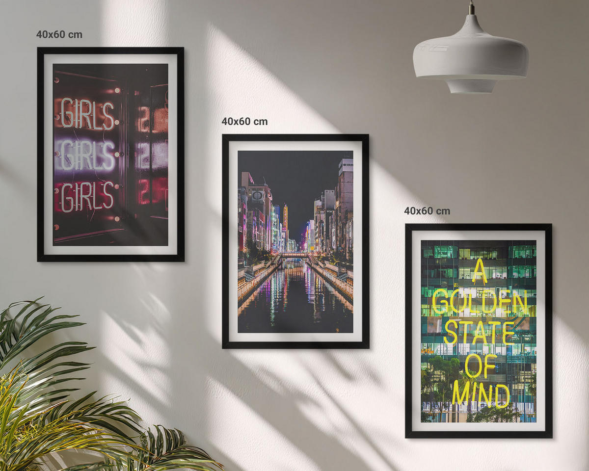 WANDBILDER 3er-Set - 40x60 cm Schwarzer Rahmen - Neonlichter am Fluss bei Nacht - Schwarz, Kunststoff (40/60cm) - ArtPrintCave