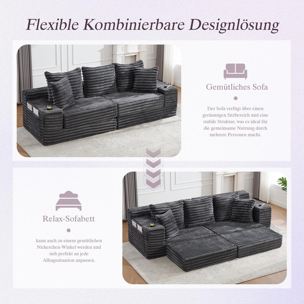 SCHLAFSOFA aus Cord mit Getränkehaltern und Kissen, Dunkelgrau - Dunkelgrau, Textil (107.48/34.25/38.58cm)