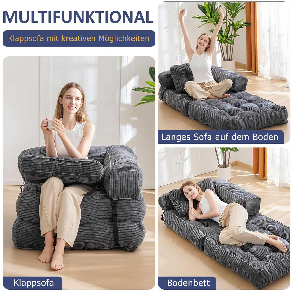 SOFA 1 Sitzer faltbar mit Armlehnen, 170x85 cm, für Wohnzimmer & Schlafzimmer,Grau - Grau, Textil (86/21/170cm)