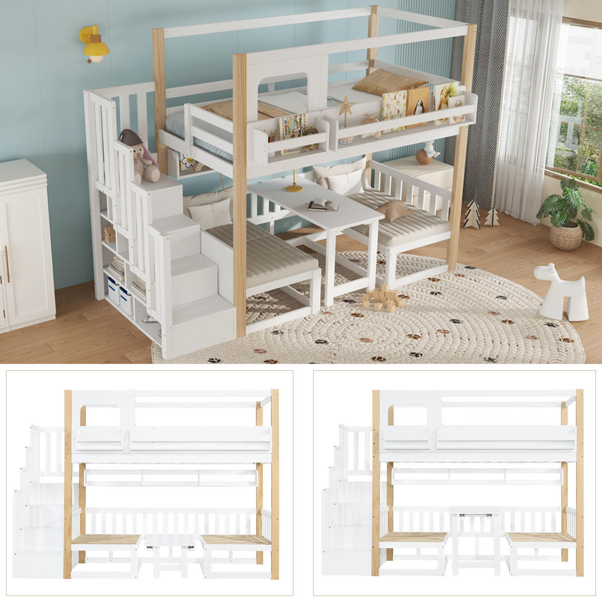 ETAGENBETT 90x200 cm Tisch Treppe Regal - Weiß, Holz (90/200cm) - LEBENLANG