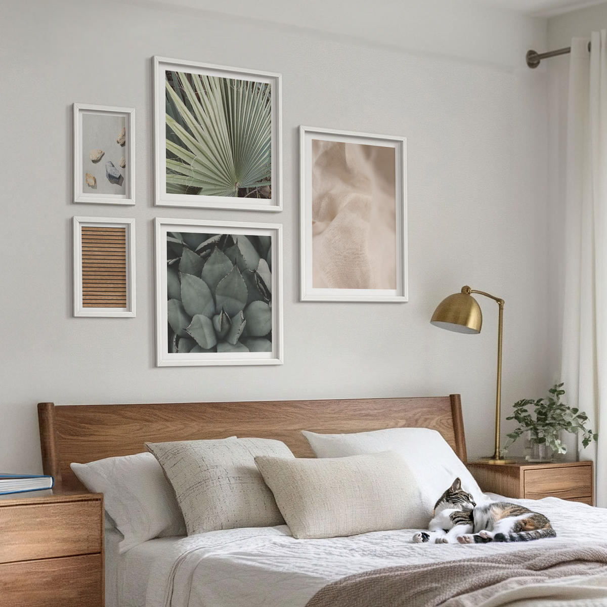 WANDBILDER 5er-Set - 50x50 cm & 20x30 cm & 40x60 cm Weißer Rahmen - Steine, Holz, Stofftexturen - Weiß, Kunststoff (40/60cm) - ArtPrintCave