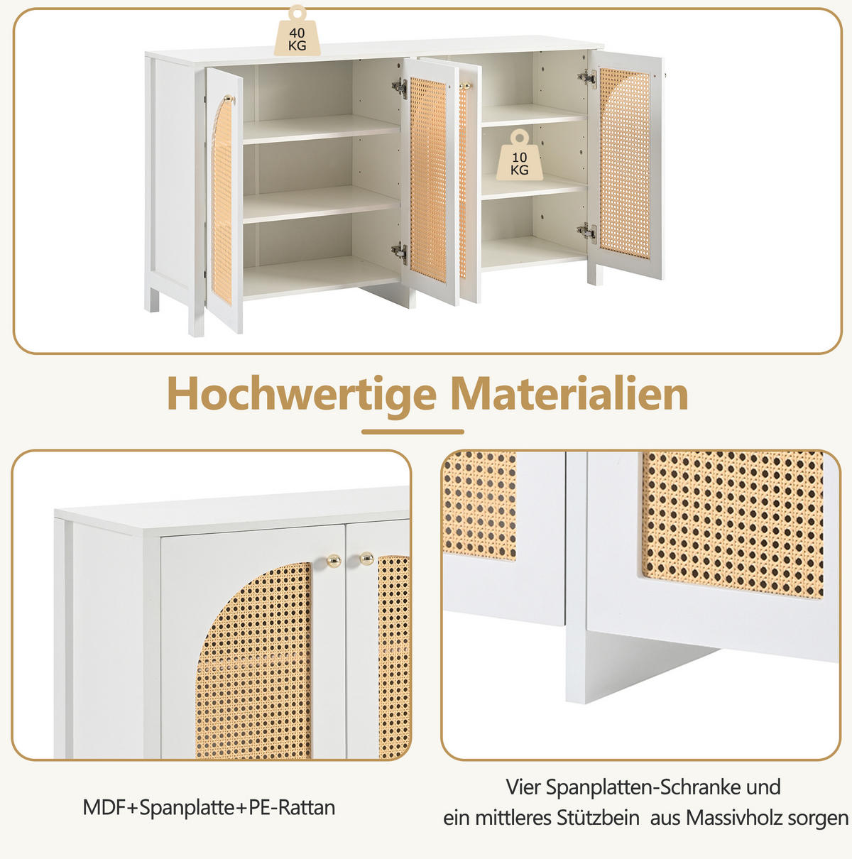 SIDEBOARD 145/40/80 cm weiß aus MDF mit 4 Rattantüren und Metallgriffen - Weiß, Holzwerkstoff (145/40/80cm) - OKWISH