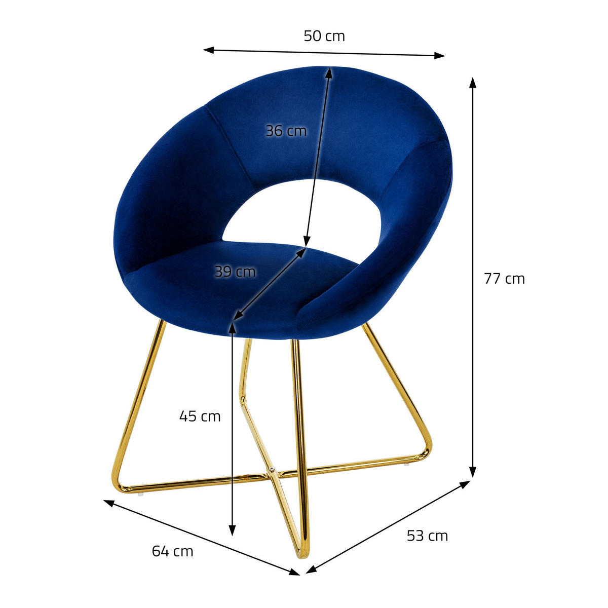 STUHL Samt blau - Blau, Metall (53/77/64cm) - ML-DESIGN