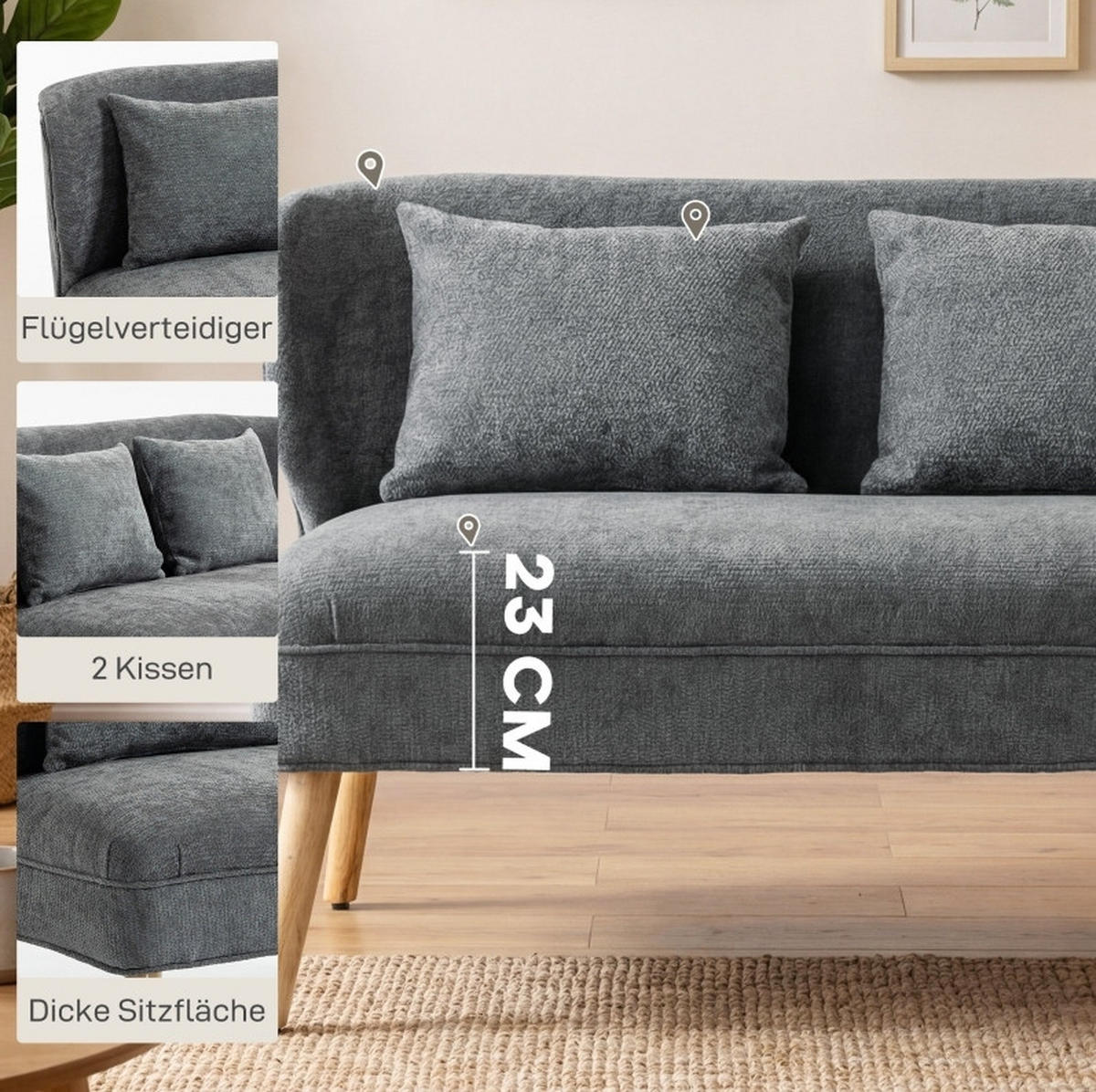 SOFA 2-Sitzer 117 cm Chenille Grau - Grau, Holzwerkstoff (117/78.5/65cm) - Meubliv