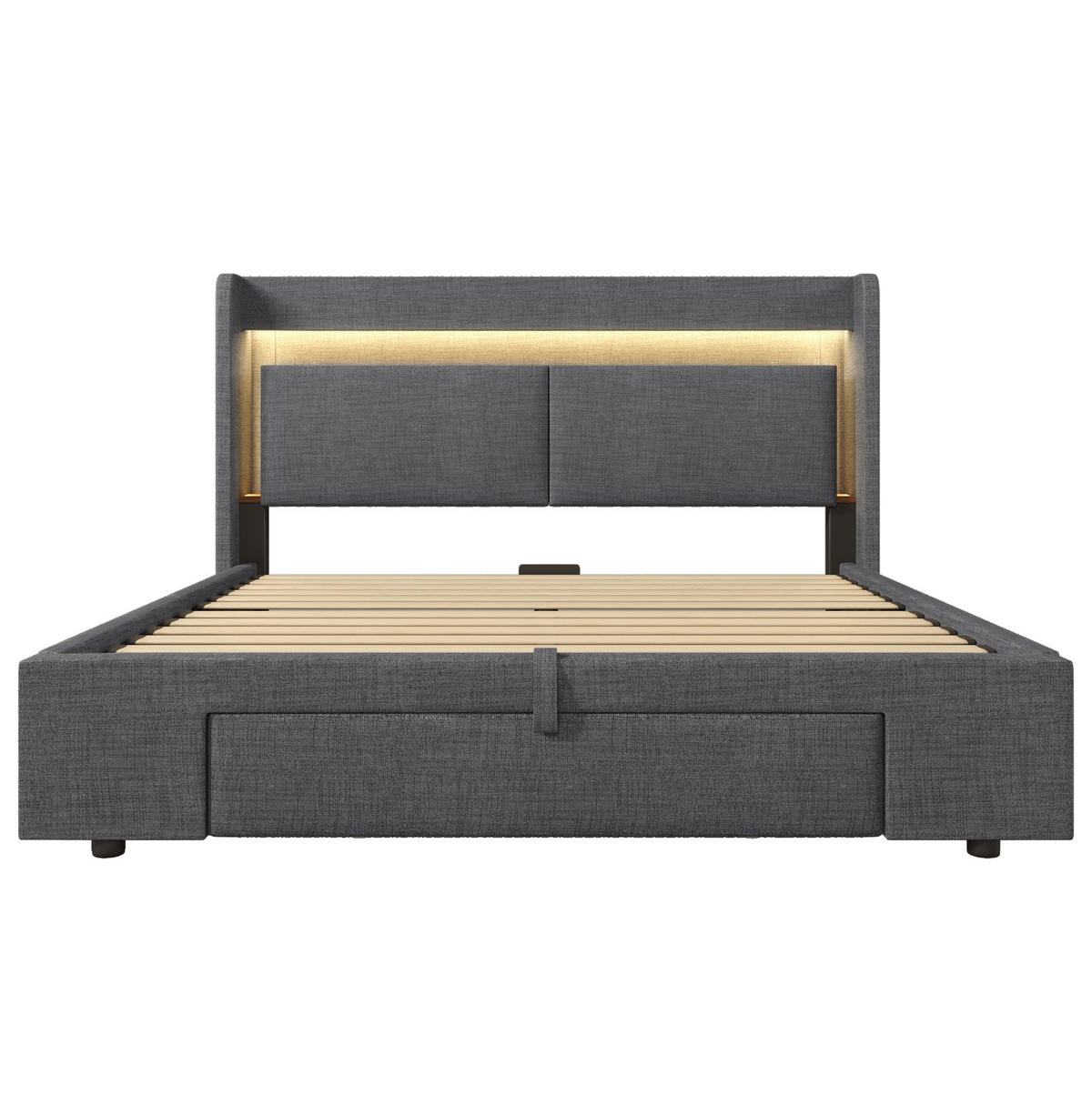 POLSTERBETT 160/200 cm mit Bettkasten, LED-Beleuchtung und gepolstertem Kopfteil - Grau, Textil (160/200cm) - BEAOK