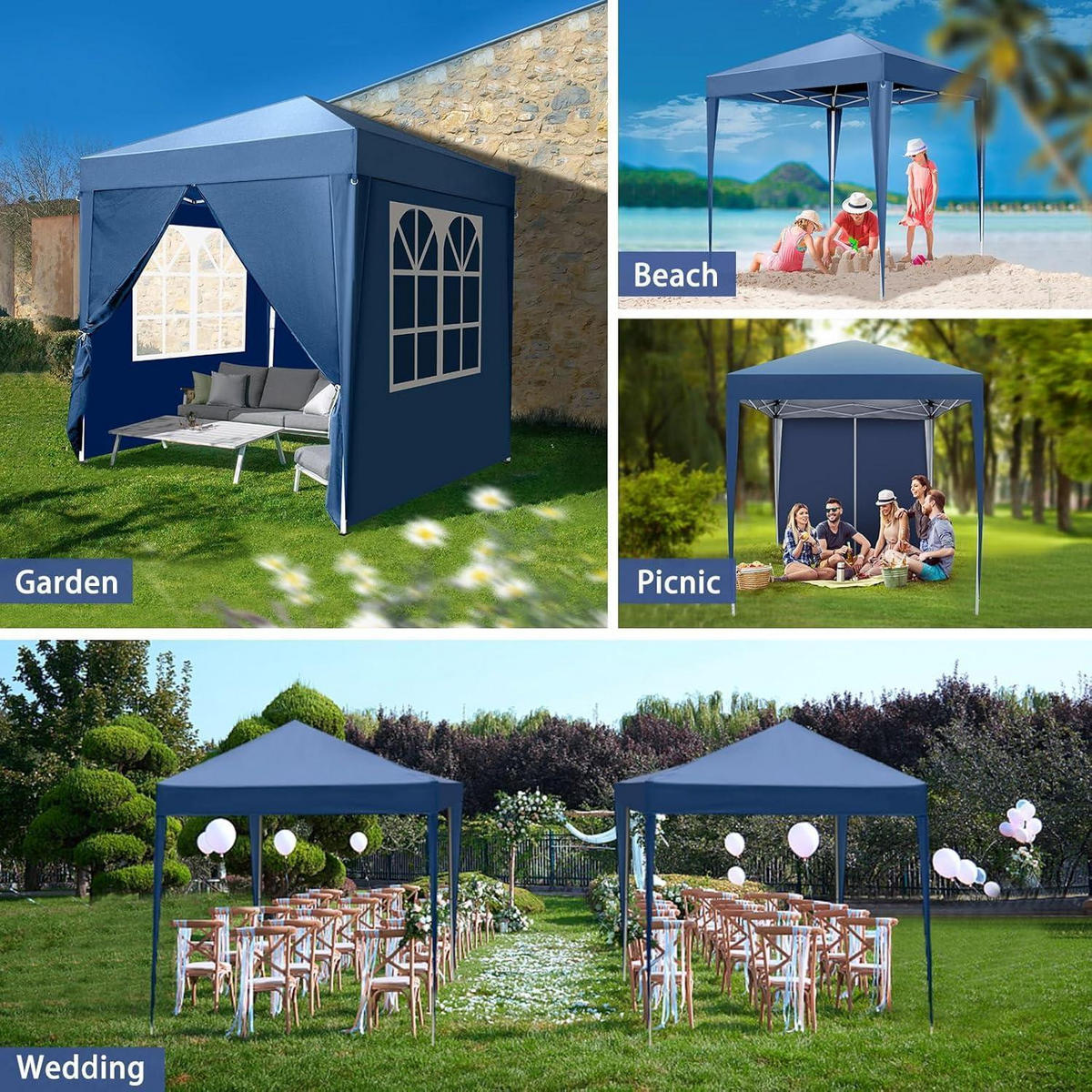 FALTPAVILLON 2 x 2 m blau mit 4 Seitenteilen - Blau, Textil (200/245/200cm)