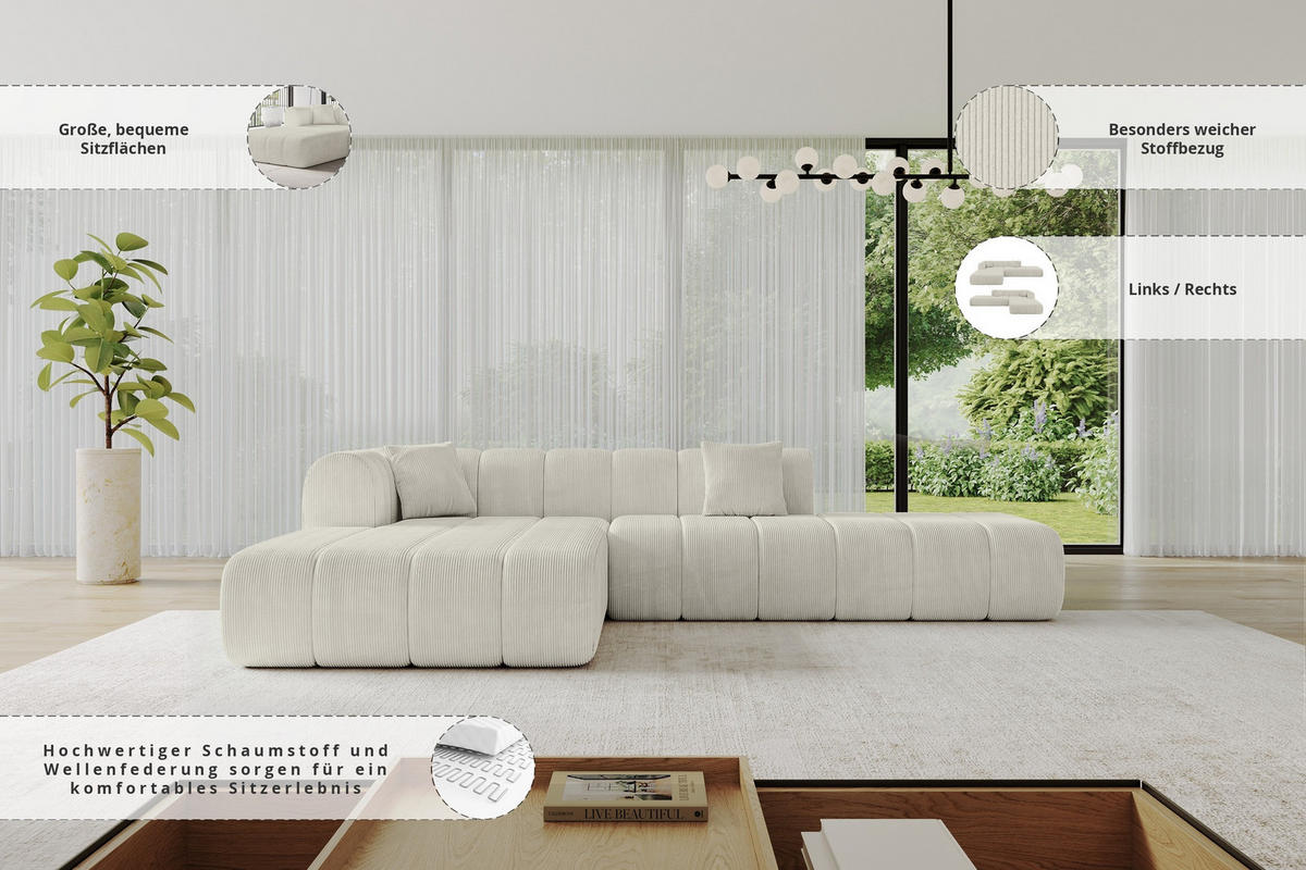 ROHOVÁ SEDAČKA s otomanem, levá BILA-L 289x176x71 Krémová Manšestr - černá/krémová, kompozitní dřevo/textil (176/289cm) - ALTDECOR