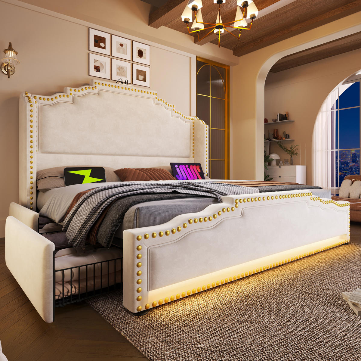 POLSTERBETT 180/200 cm mit LED-Beleuchtung, USB- und Type-C-Anschluss, 4 Schubladen und Lattenrost, Beige - Beige, Textil (180/200cm) - Redom