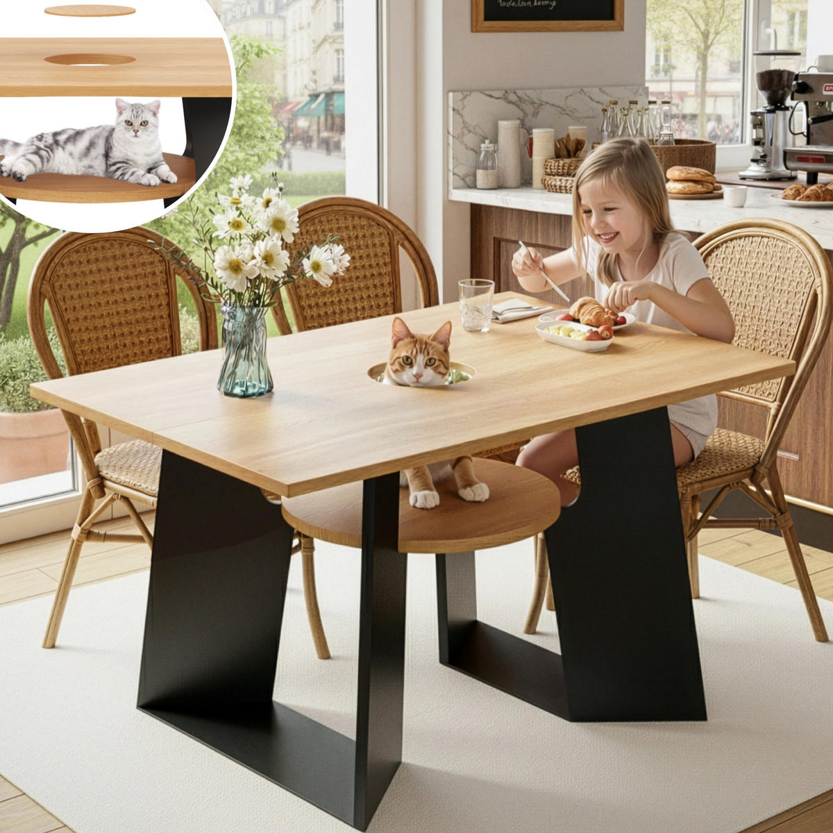 ESSTISCH in Naturholz-Schwarz Mix Küchentisch mit Haustierbereich für Küchen oder Wohnzimmer, L130/B85/H75cm - Schwarz/Naturfarben, Holzwerkstoff (85/130/75cm) - STILVORA