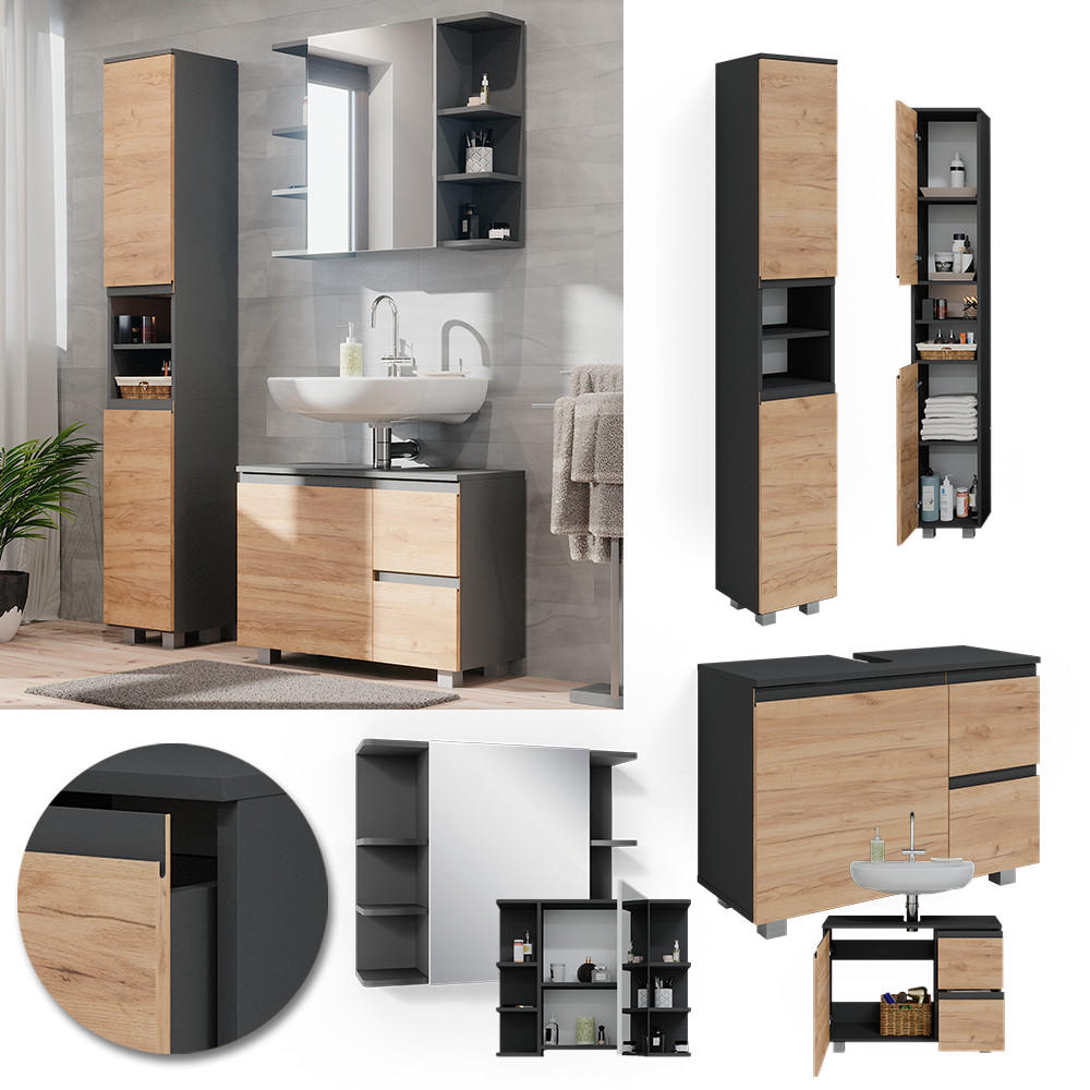 BADMÖBEL-SET J-Shape Grau 3 Teile, mit Hochschrank - Eichefarben/Grau, Holzwerkstoff (80/60/33cm) - Vicco