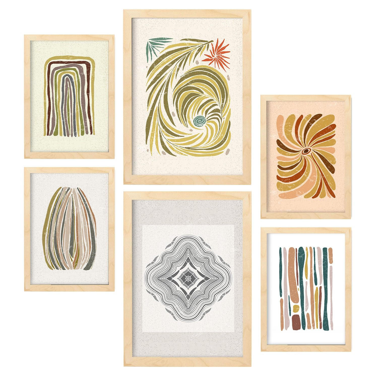 POSTER Set Mit 6 Drucken Von Linien In Der Sammlung Von Ethnischenen Ästhetische Dekorative Für Zuhause Wandkunstdruck A3 & A4 Rahmen Aus Hellem Holz - Beige, Papier (29/3cm) - Nacnic
