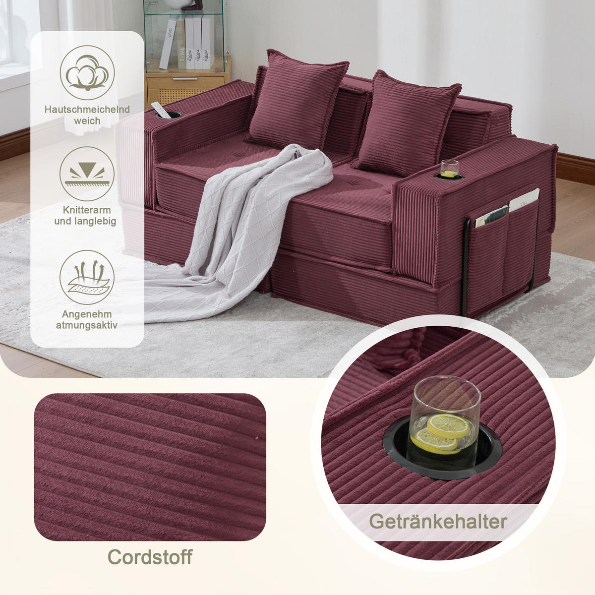 SCHLAFSOFA 162/78/66 cm Weinrot Cord mit seitlichem Stauraum und Getränkehaltern - Weinrot, Textil (162/66/78cm) - Oxeza