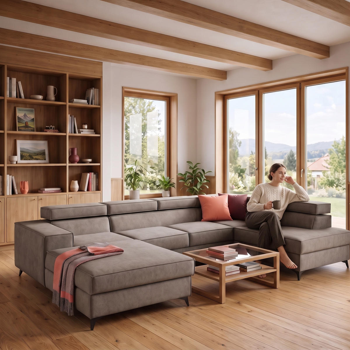 ECKSOFA PURE U Rechts mit Schlaffunktion 127x270 Velours Beige - Beige/Schwarz, Holz/Textil (204/340cm) - Muffo