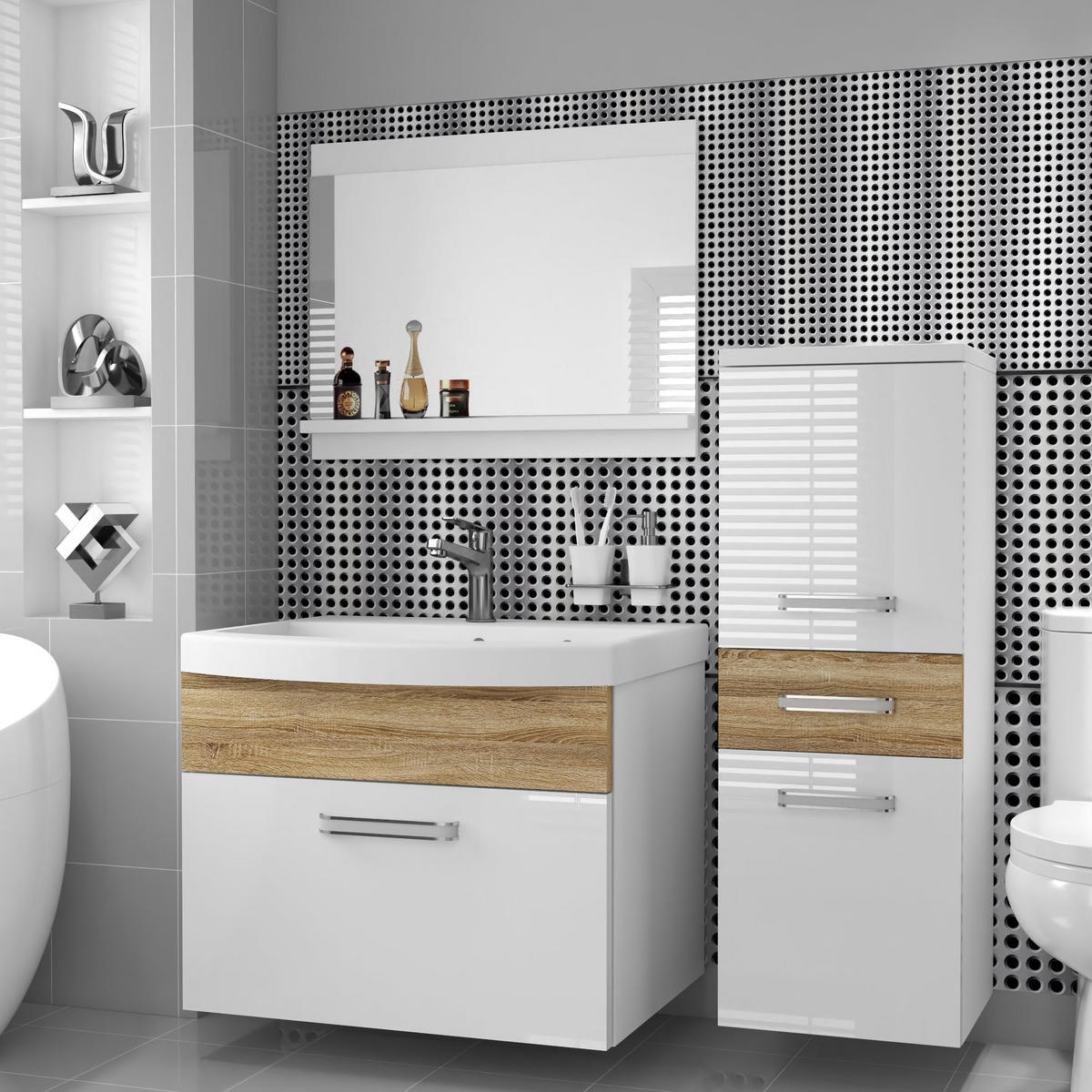BADMÖBEL Badezimmer SET PRI PM2, Weiß/Sonoma Eiche Hochglanz, 90 cm - Weiß/Sonoma Eiche, Holz (38.7/81/90cm) - B BELINI GROUP