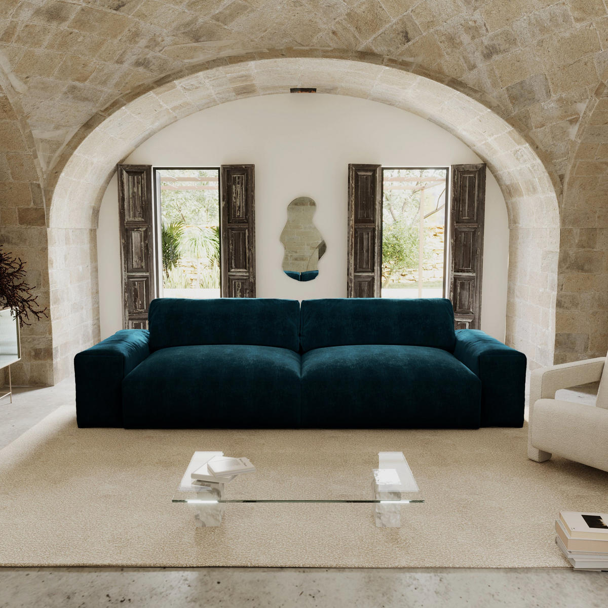 SOFA 3-SITZER Samt Pfauenblau 220cm - Blau/Hellblau, Textil (220/47/120cm) - Sia Home