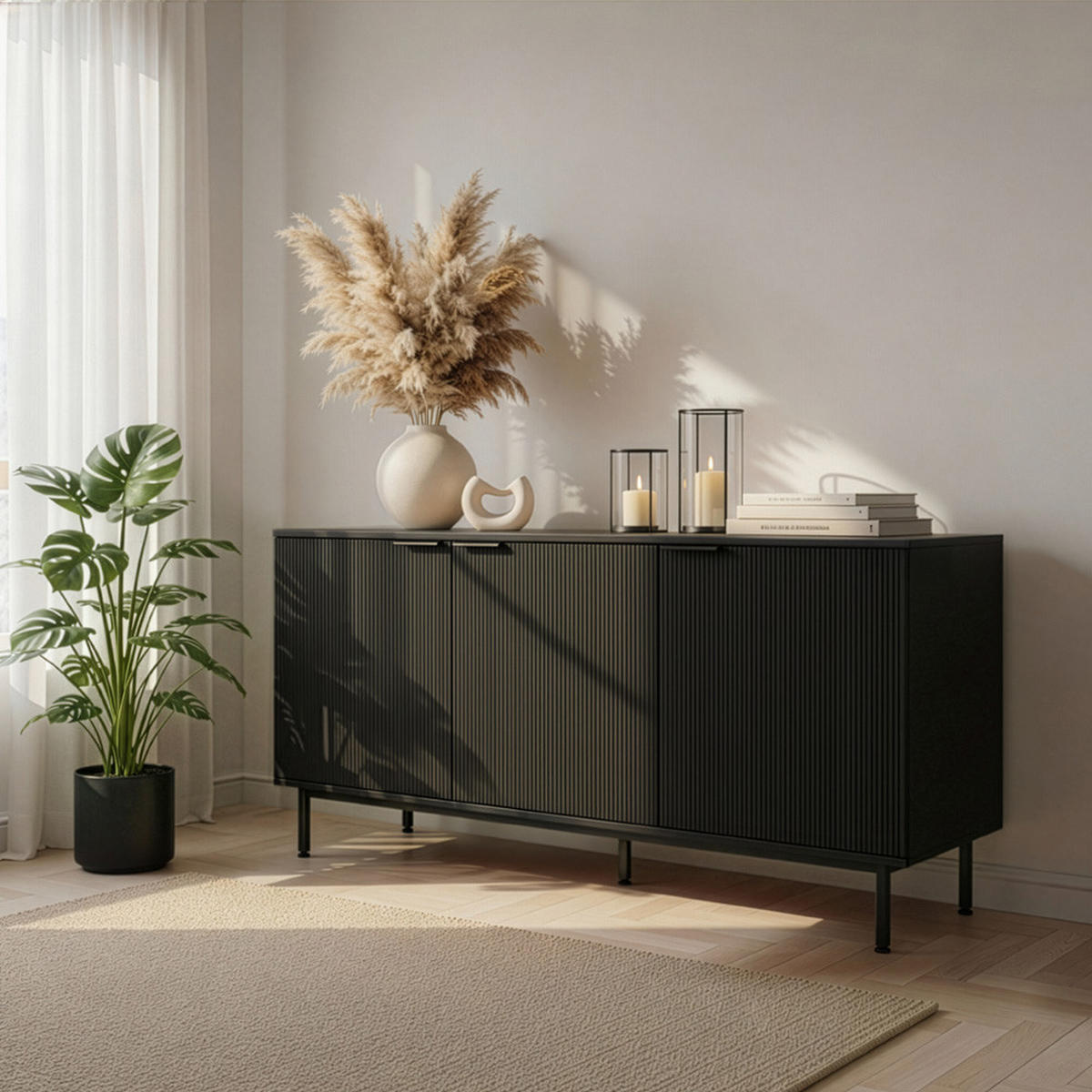 SIDEBOARD NYLA - Schwarz, 154 x 73 cm - Schwarz, Holzwerkstoff (154/73/42cm) - Home Deluxe