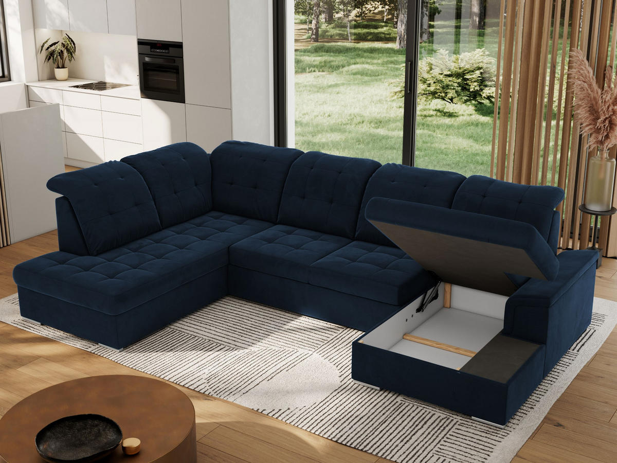 WOHNLANDSCHAFT MADRITO U - Dunkelblau Velorus - Links - Silberfarben/Dunkelblau, Textil/Metall (204/89/323cm) - MKS